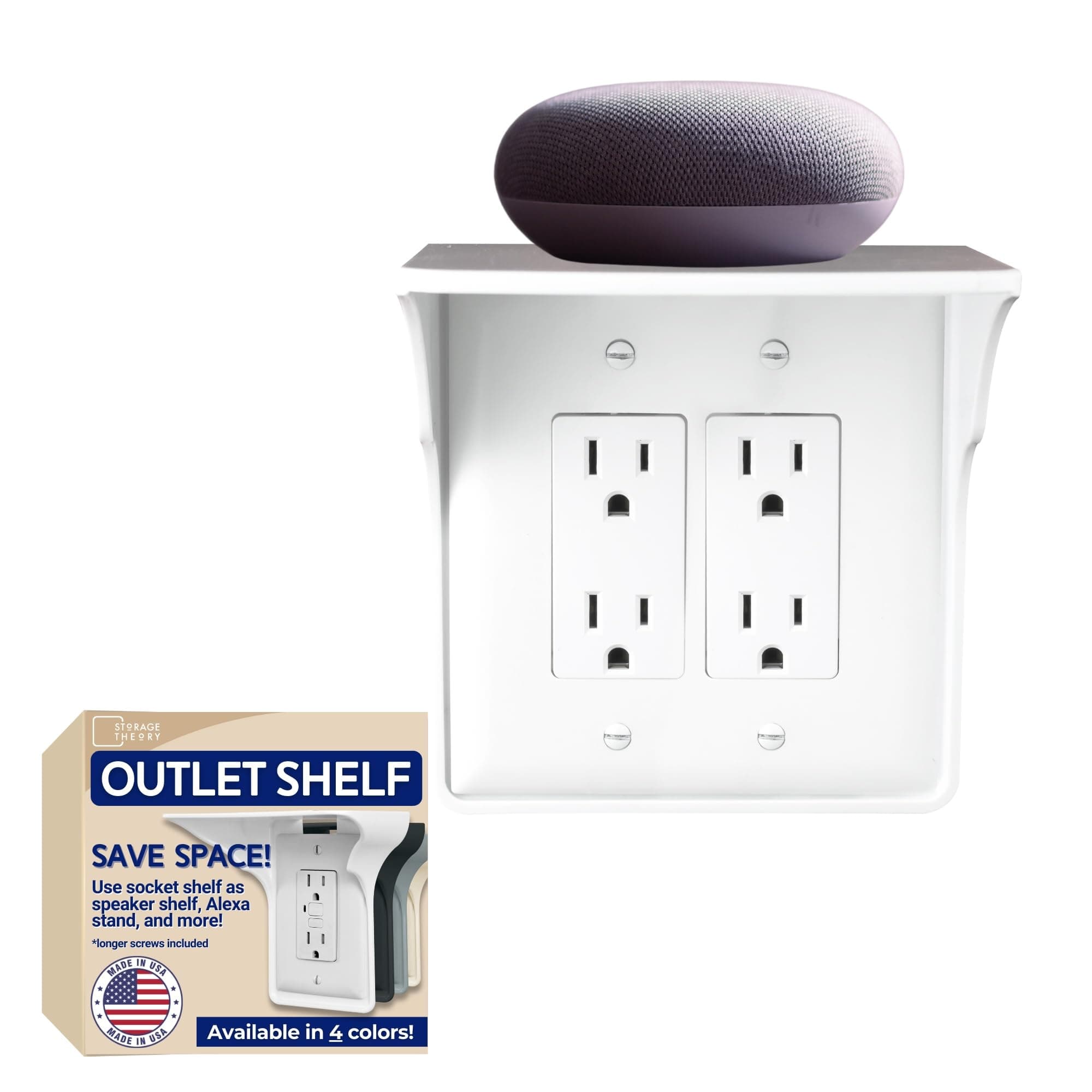 Power Perch Double Wall Outlet Shelf with Cord Storage Strap - Declutter & Reclaim Bathroom Counter Space - Alexa Stand, Apple Homepod Shelf, Toothbrush Holders Wall Mounted - White, 1-Pack