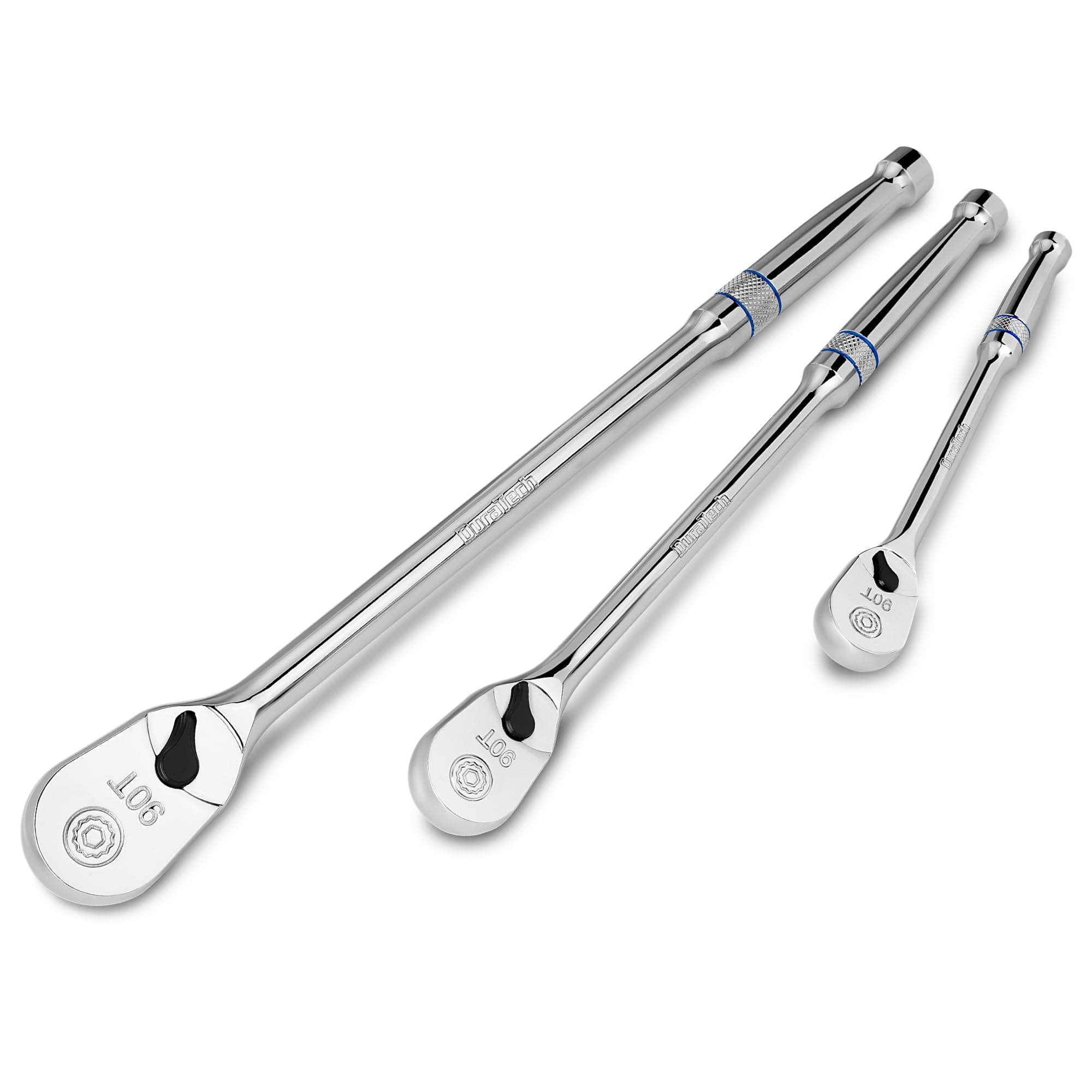 DURATECH 3-Piece Extra Long Drive Ratchet Handle, 1/4", 3/8", 1/2" 90-Tooth Ratchet Wrench with Dust Proof Teardrop Enclosed Head, Reversible, CR-V Steel Made, CR-MO Head, Full Polished, Gifts for Men