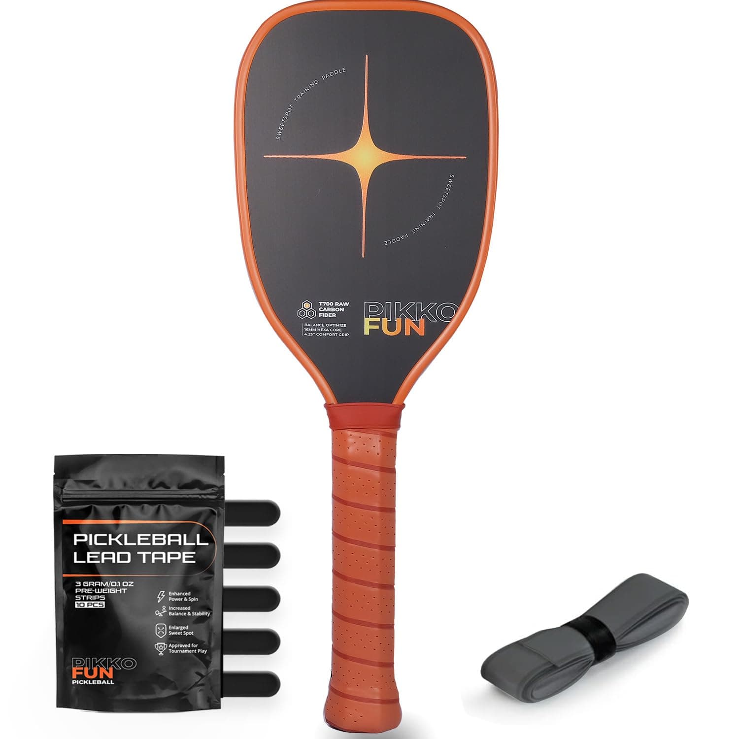 PIKKOFUN Pickleball Training Paddle Kit - Includes 10 Lead Bars & Overgrip for Customizable Weight - T700 Carbon Fiber Pickleball Trainer for Sweet Spot Practice - Extra Long Handle - 16mm Quiet Core