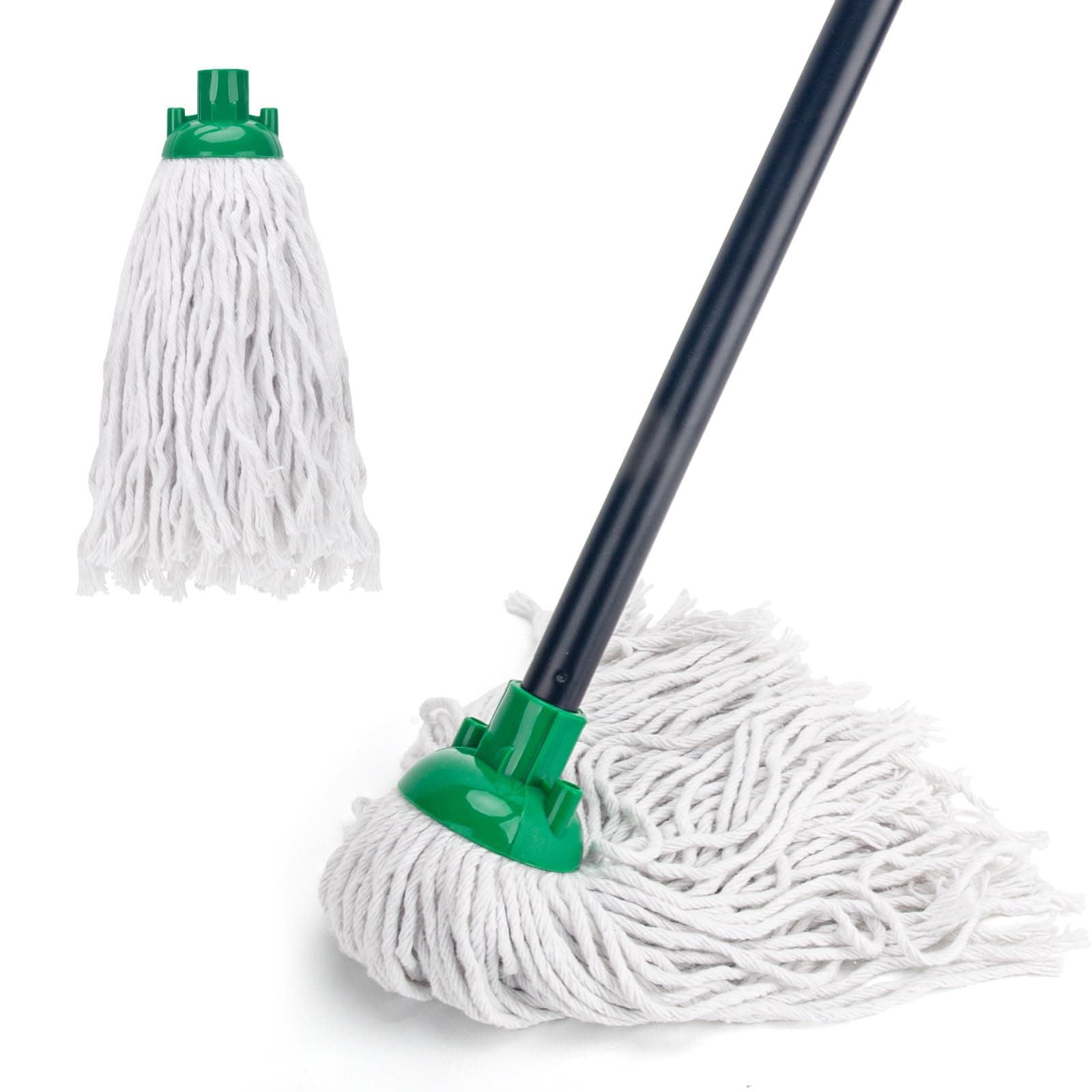 Mop for Floor Cleaning,2 Pcs Cotton String Wet Mops Replacement Head Compatible with Microfiber Cloth Mop Refill & 0.8" Diameter Mops Handle,Green(1 Handle & 2 Heads)