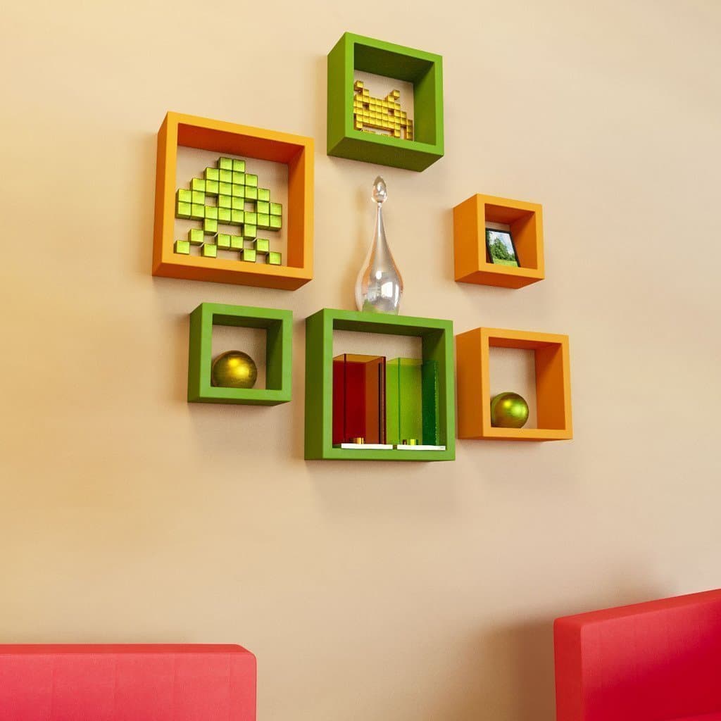 Woodopia Decor MDF Wall Shelf Square Shape Floating Wall Shelves Frames and Accents, Black, Floating Square Wall Shelves Nested Cubes (Green and Orange)