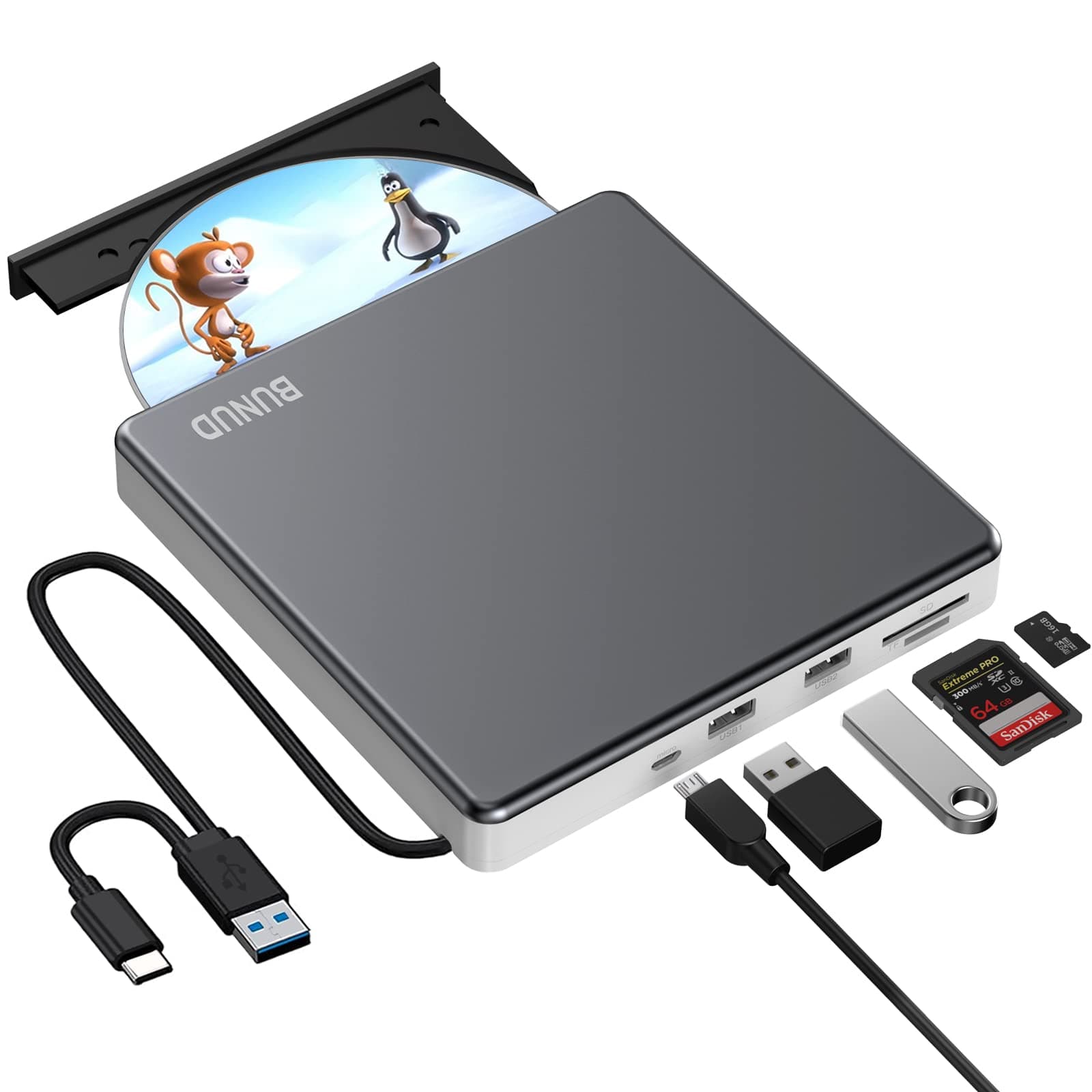 BUNUD External DVD Drive, CD Drive External USB with 2 USB SD TF Ports, External CD/DVD Burner and Player, External CD Drive for Laptop Windows Mac PC MacBook