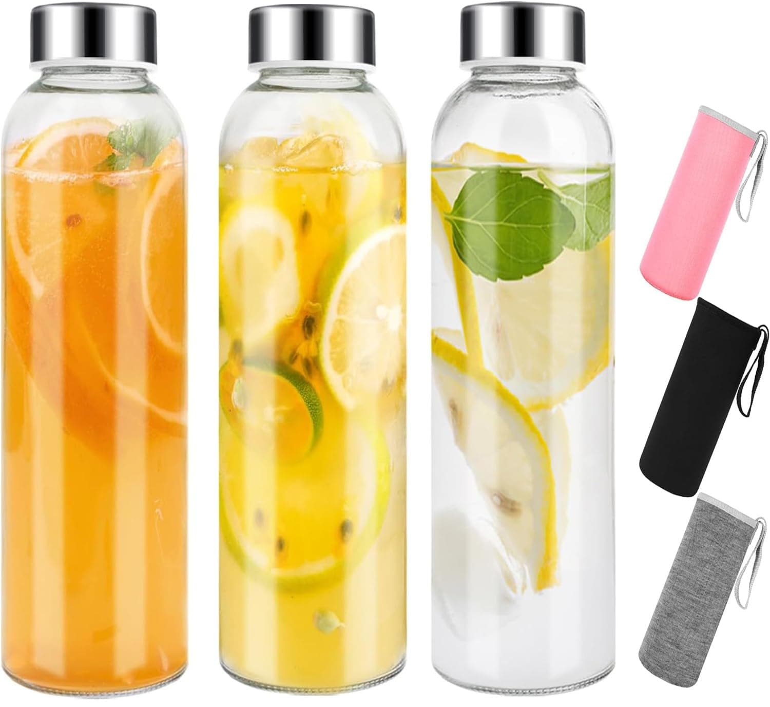 Clear Glass Bottles with Lids 18oz – 3 Pack Empty Reusable Glass Water Bottles with Sleeves, Stainless Steel Lids, for Hot & Cold Drinks, Juice & Tea – Beverage, Milk & Smoothie