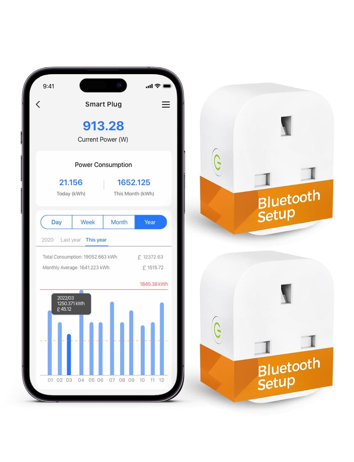 Smart Plug Works with Alexa, Google Home, Bluetooth Smart Socket with Energy Monitoring Support App Remote Control, Voice Control, Timer, No Hub Required, 13A,2 Packs