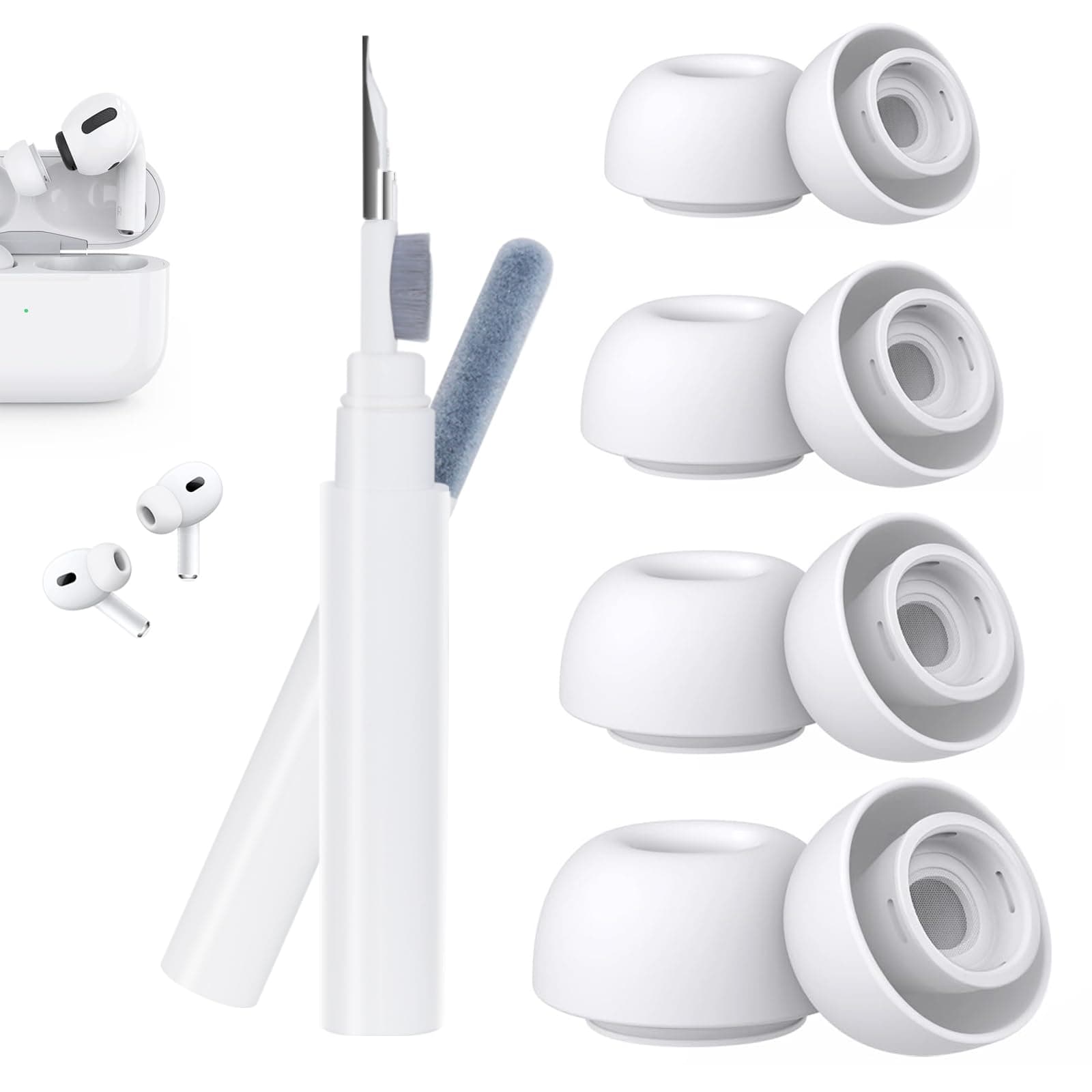 Silicone 4 Pair Replacement Ear Tips for AirPods Pro&2nd Generation w/Noise Reduction Holewith and Cleaner Kit,Cleaning Pen for Airpods Pro/Pro 2nd,Built-in Dust Guard Screen,4 Sizes (XS/S/M/L)-White