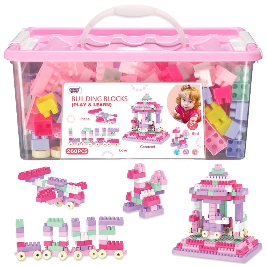 Home Smart Building Blocks Play and Learn for Toddlers Assorted Color Plastic Blocks of 260 PCs Kids Educational Build Playing Toy (Pink)
