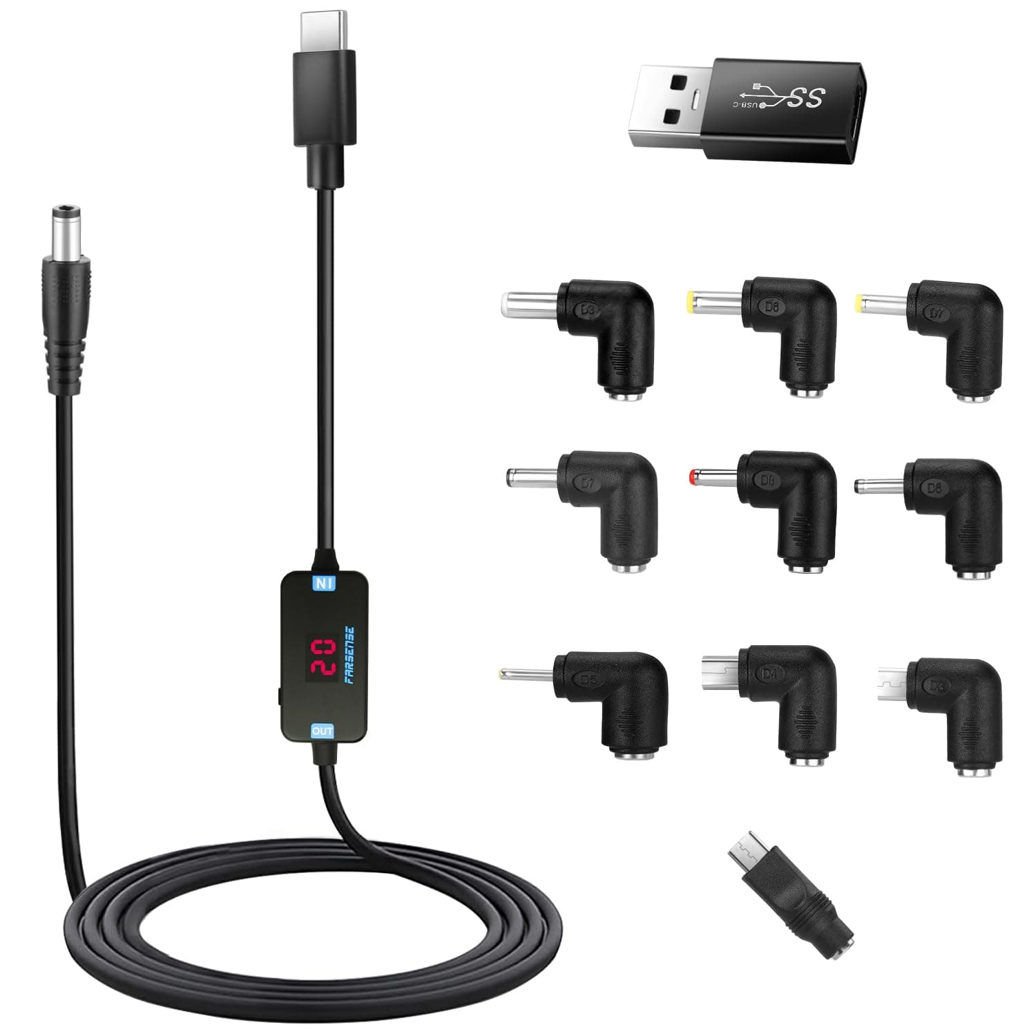 FARSENSE USB C to DC Adapter,Barrel PD Trigger Cable(3.3ft) with 10 Connecor Tips,USB to DC Power Cable can Switch Voltage by Pressing The Key,Support LED Display Voltage