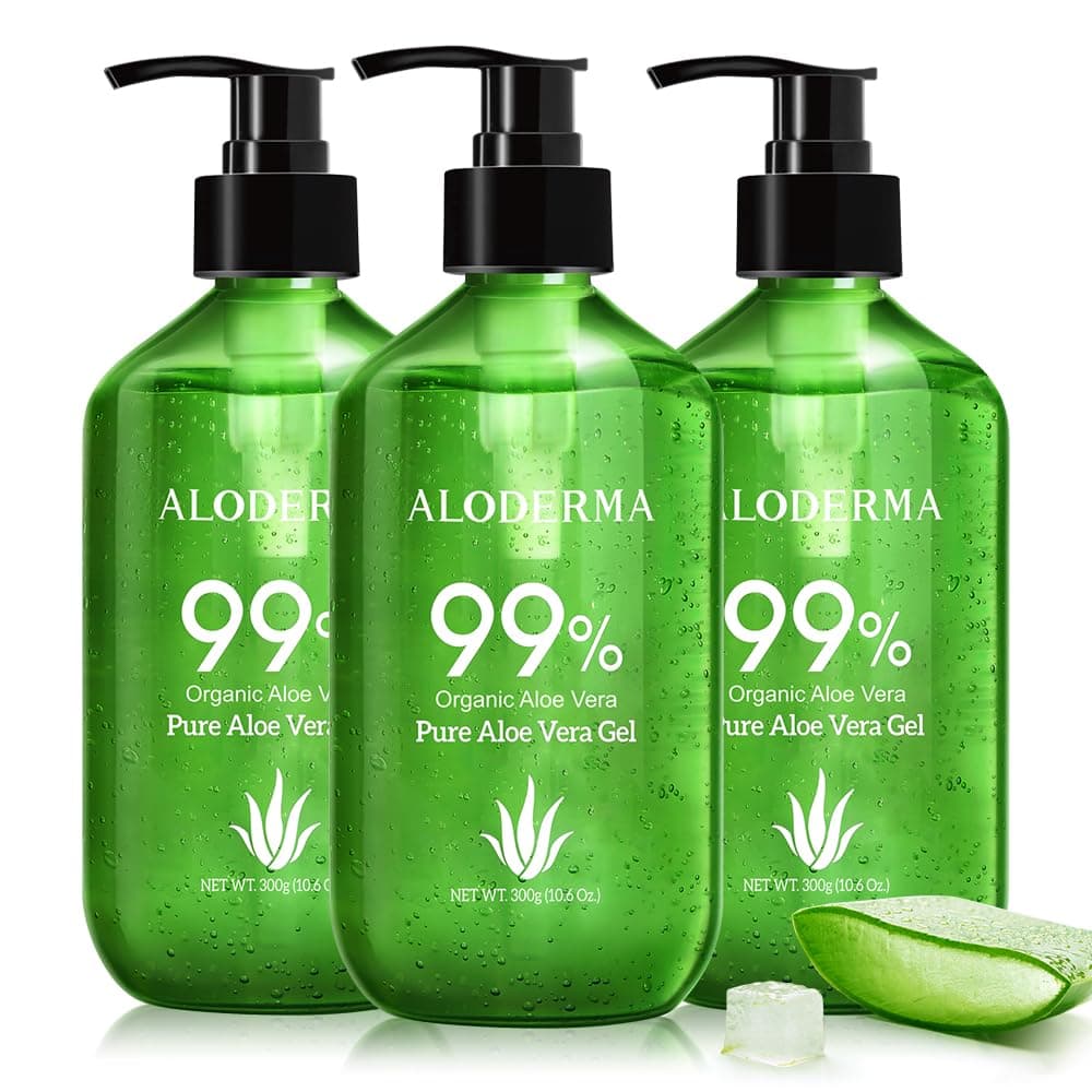 Aloderma Aloe Vera Gel Made within 12 Hours of Harvest with 99% Pure Organic Aloe Vera - Pump Bottle - Ideal for Face and Body, Soothing & Hydrating Sunburn Relief, Great for Scalp & Hair - 3 x 10.6oz