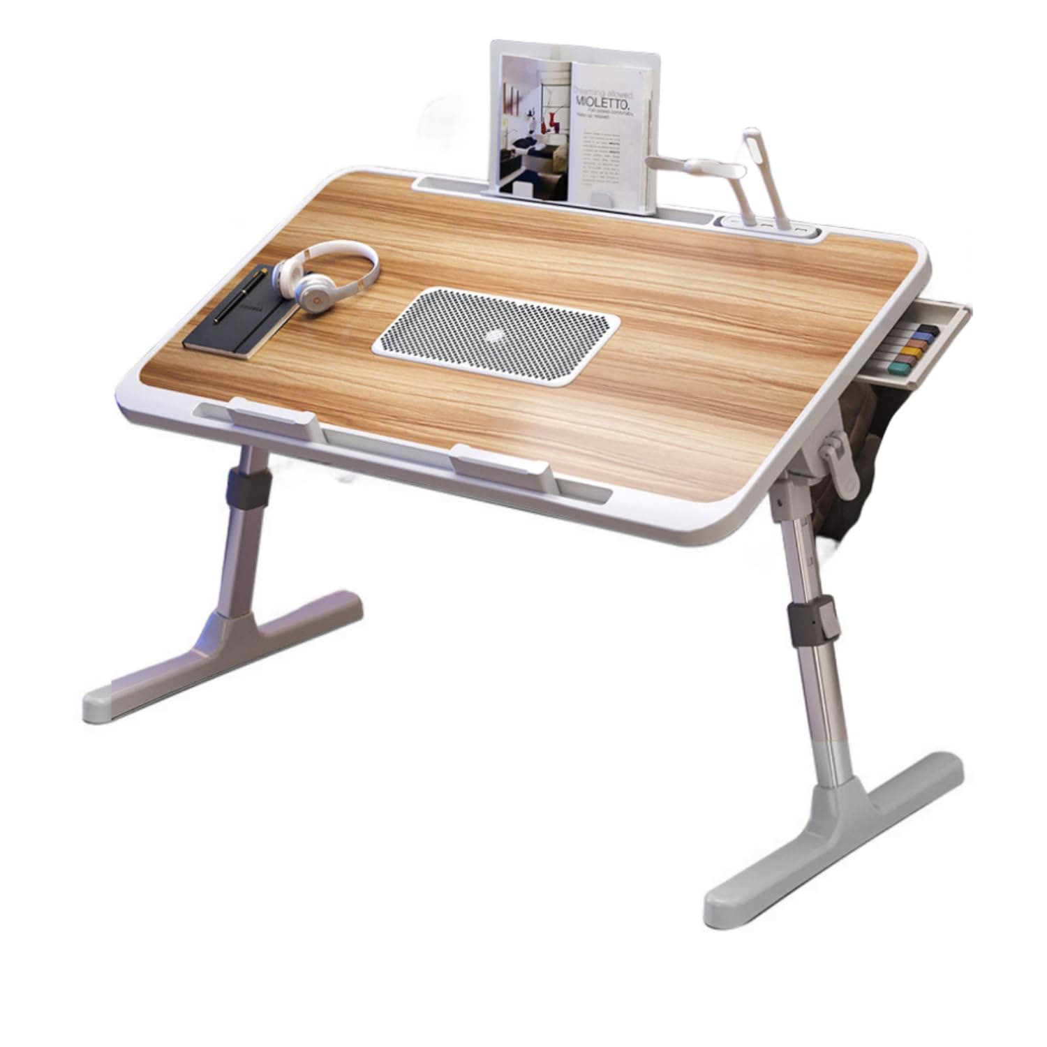 Lap Desk Bed Tray Table,Adjustable Laptop Stand for Bed with USB/Light/Fan/Drawer,Portable Laptop Desk Table for Bed/Couch/Sofa/Reading/Writing，Bed Trays for Eating and Laptops (Walnut)