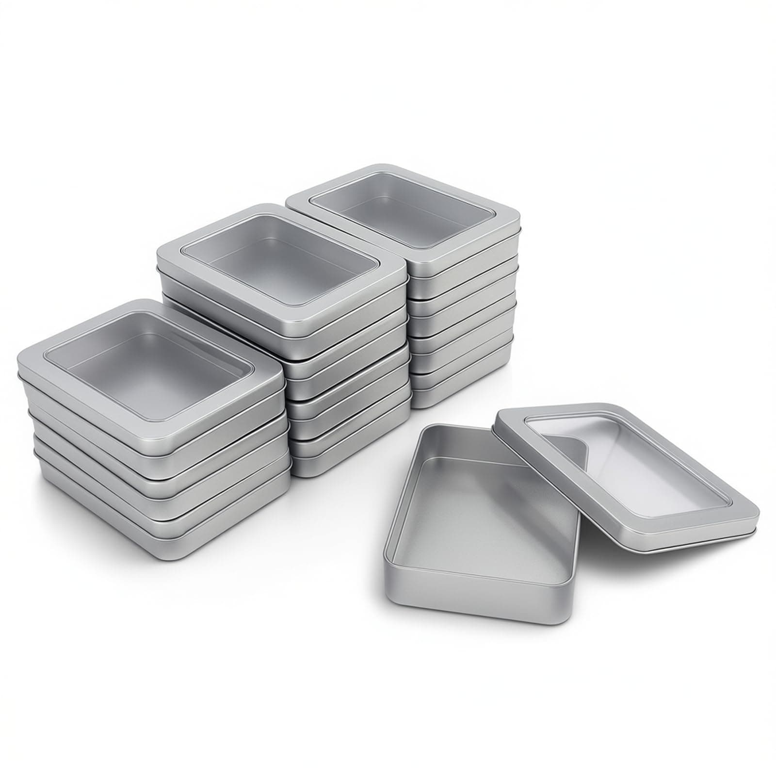 Goodma 12 Pieces Rectangular Empty Metal Tins Home Storage Containers Organizer Mini Box with Clear Window Lid, 4.5 x 3.35 x 0.87 inch (Silver)