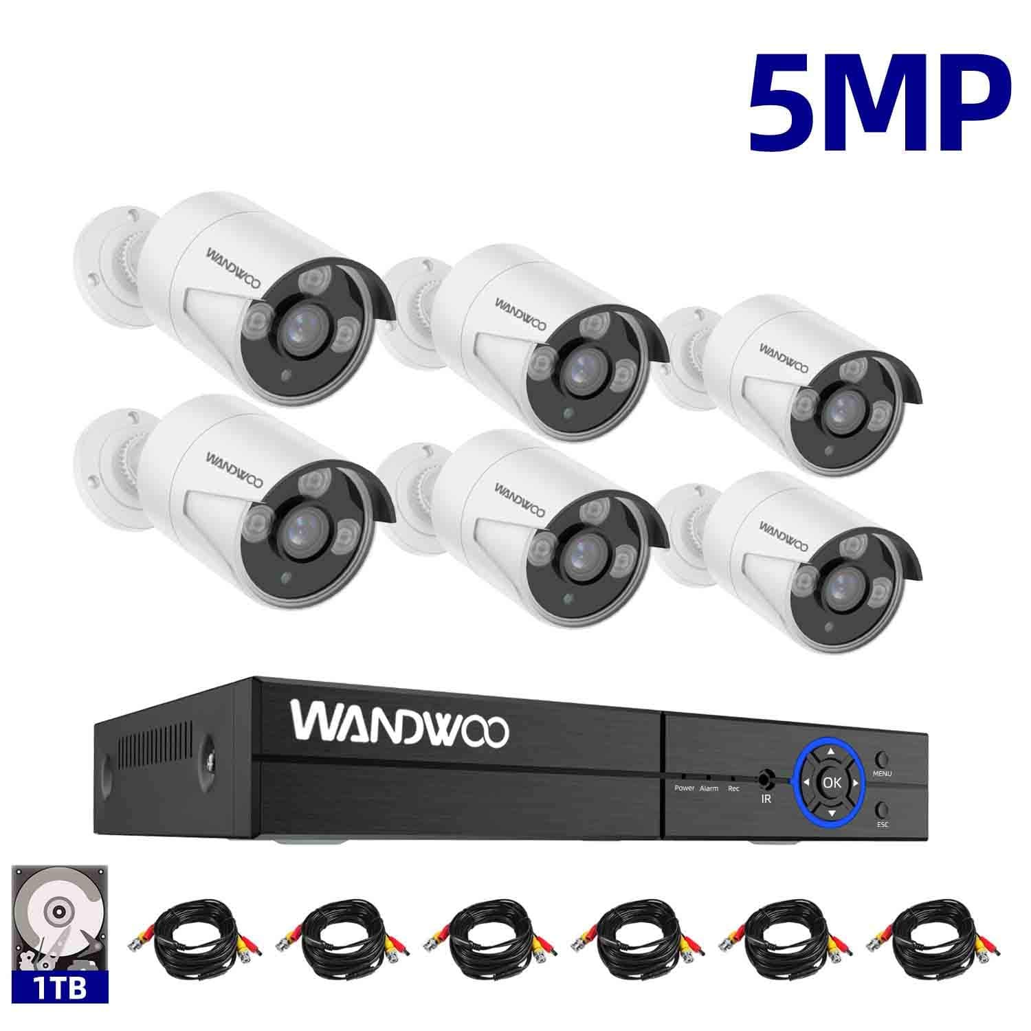 5MP Home Security Camera System, Wandwoo Wired Security Cameras Systems 8 Channel Ultra HD 4K Output Video DVR Recorder with 6pcs 5MP (2560 X 1944) Cameras and 1TB Hard Drive, Clear Night Vision