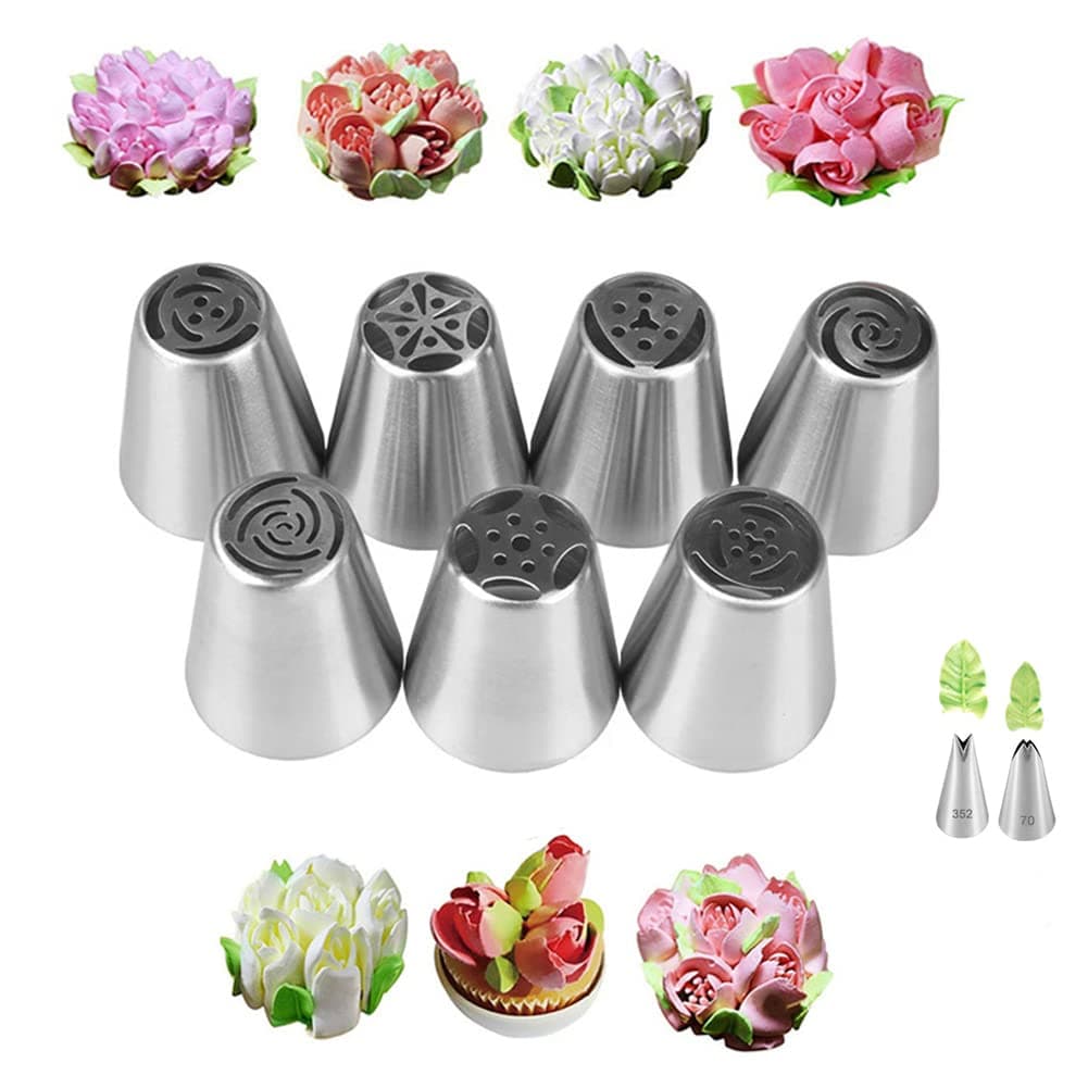 Russian Piping Tips Set with 7 Flower Icing Tips & 2 Leaf Pastry Tips Nozzles for Frosting Cookie Cupcake Cake Decorating