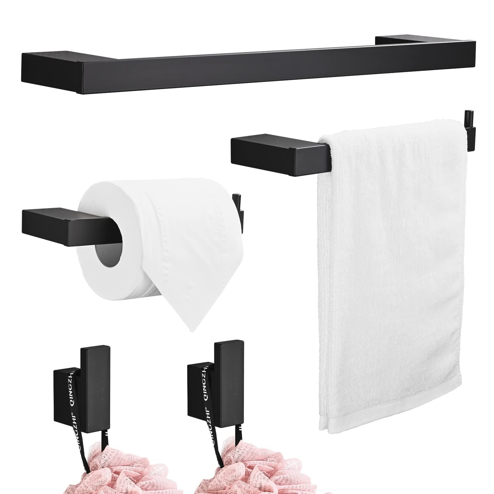 5-Piece Bathroom Hardware Set Bath Accessory Kit Towel Rail Wall Hooks Toilet Paper Holder Metal Wall Mounted and Towel Hooks, Black