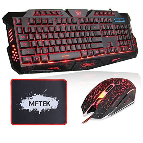 MFTEK USB LED 3 Color Backlit Brightness Adjustable Gaming Keyboard and Mouse Set Combo for Laptop Desktop Gamers Office Work with Mouse Pad (13 Inch9 Inch)