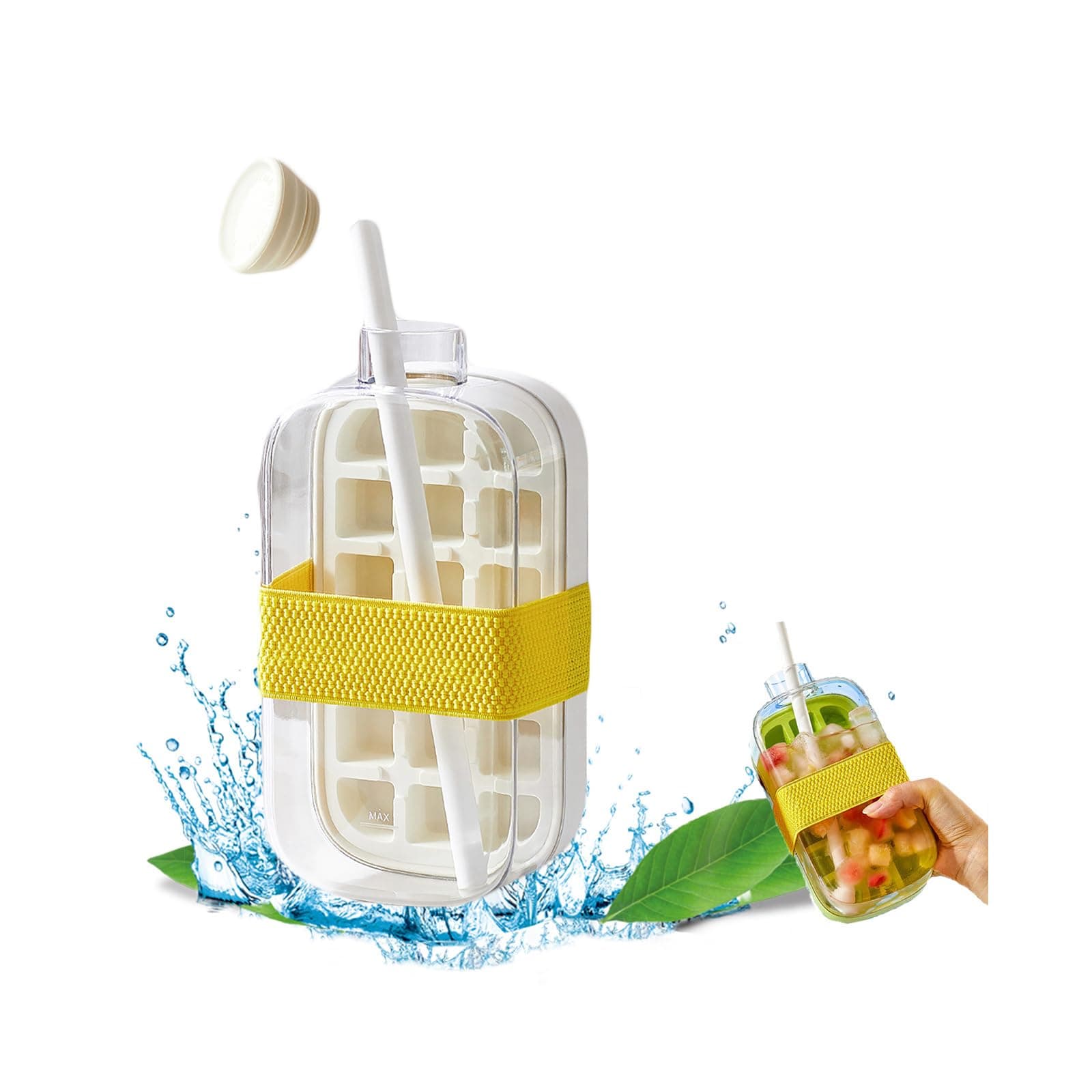 2-in-1 Ice Cube Bottle with Straw - Easy Press Ice Tray Water Bottle, Leak Proof Lid, Vertical Ice Maker for Freezer, Travel, Gym & Home Use (White, 800ml)