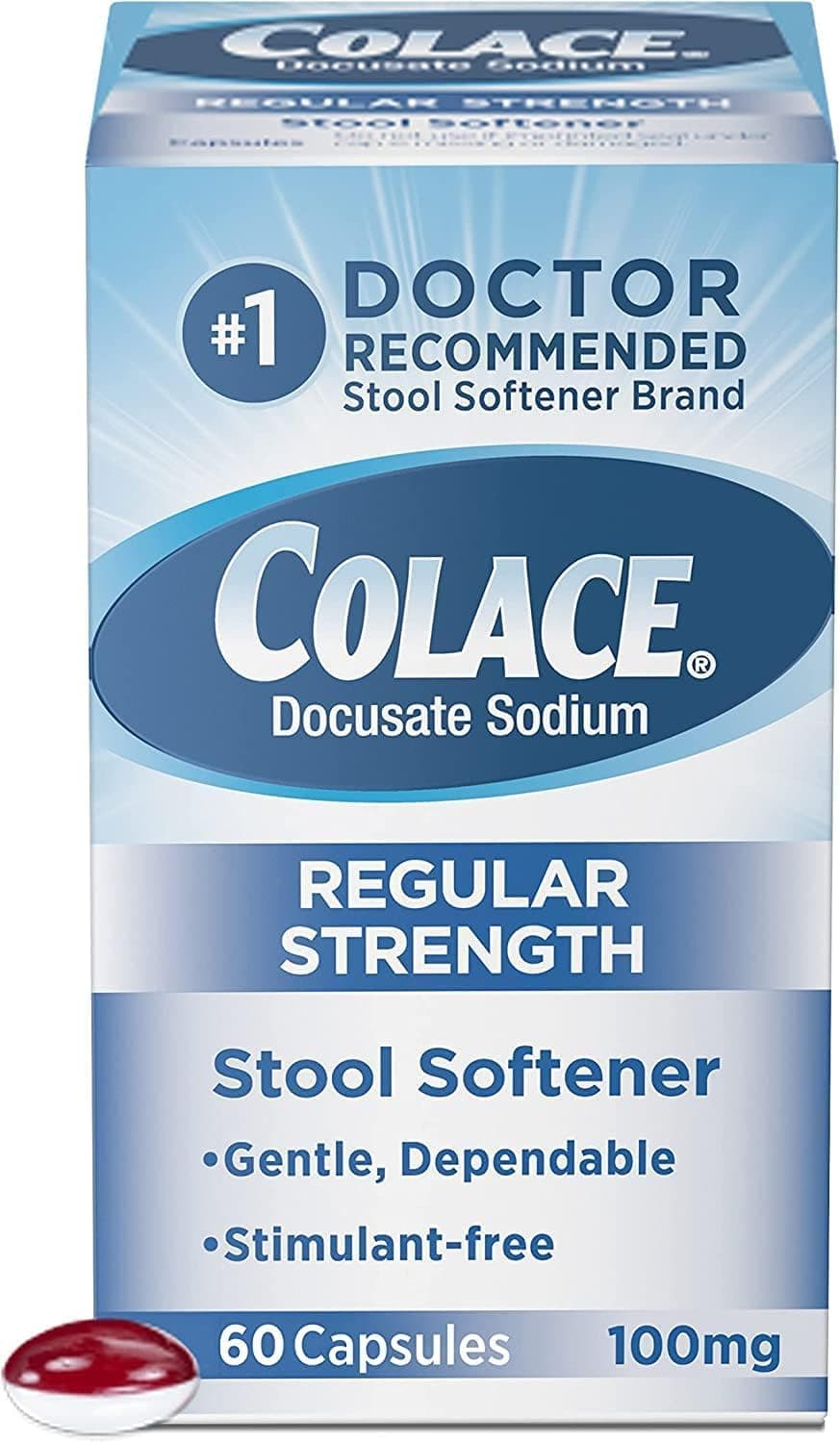 ColaceRegular Strength Stool Softener 100 mg Capsules 60 Count Docusate Sodium Stool Softener for Gentle Dependable Relief