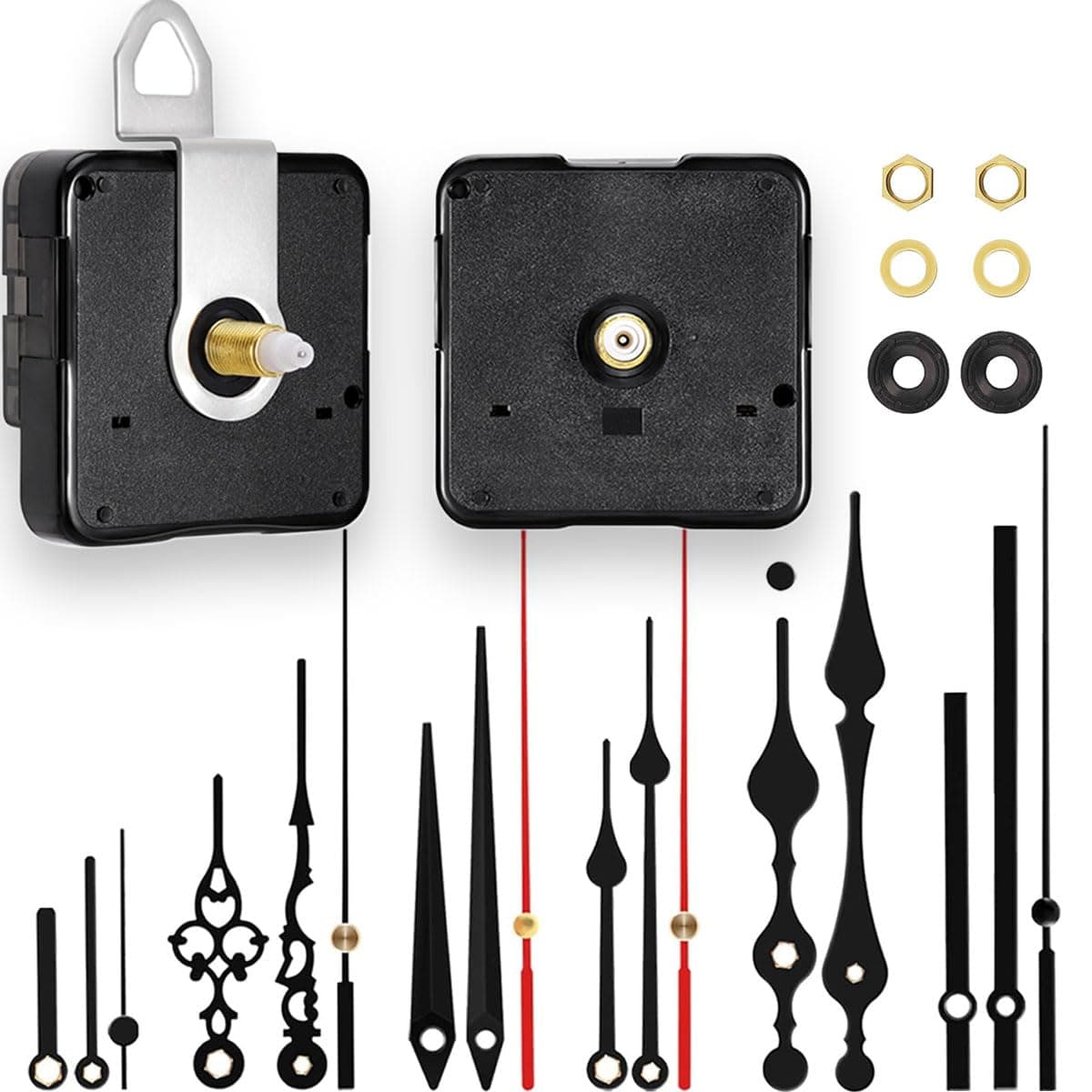 2 Non Ticking Clock Movements with 6 Pack Different Size Clock Hands, DIY Repair Parts Replacement, Battery Operated