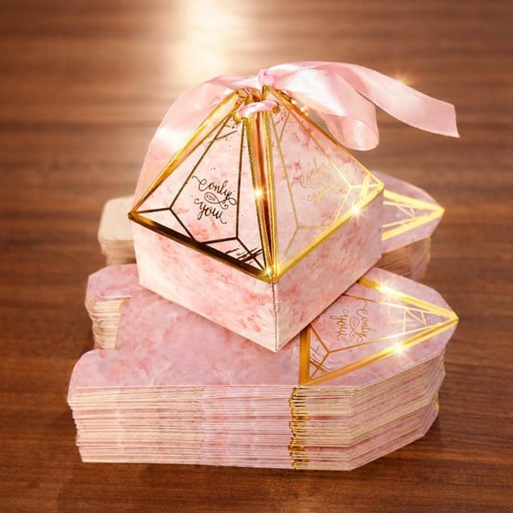 SATYAM KRAFT 20 Pcs Small Diamond Shape Folding Gift Boxes | Gifting & Gifts for Wedding, Baby Shower, Pooja, New Year, Birthday | Empty Box, Chocolate & Dry Fruit Packaging (Pink, With Ribbon)