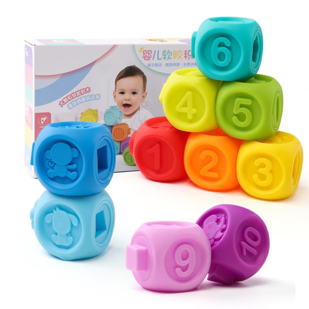 Aideal Soft Baby Teether Toy Building Blocks with Numbers, Shape & Animal Activity Toys Set for Ages 6-24months