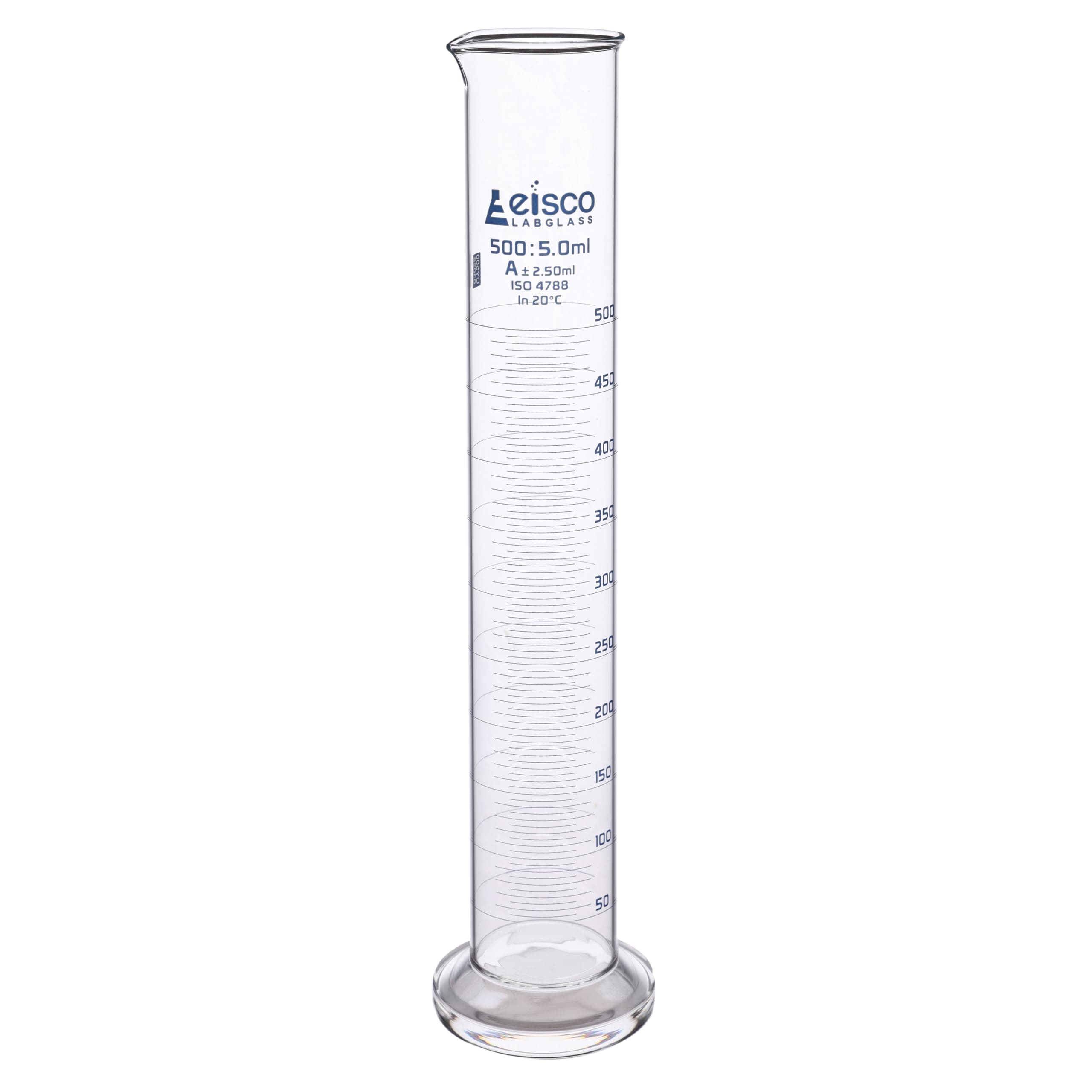 Graduated Cylinder, 500ml - Class A Tolerance ±2.50ml - Round Base - Blue Graduations - Borosilicate 3.3 Glass - Eisco Labs