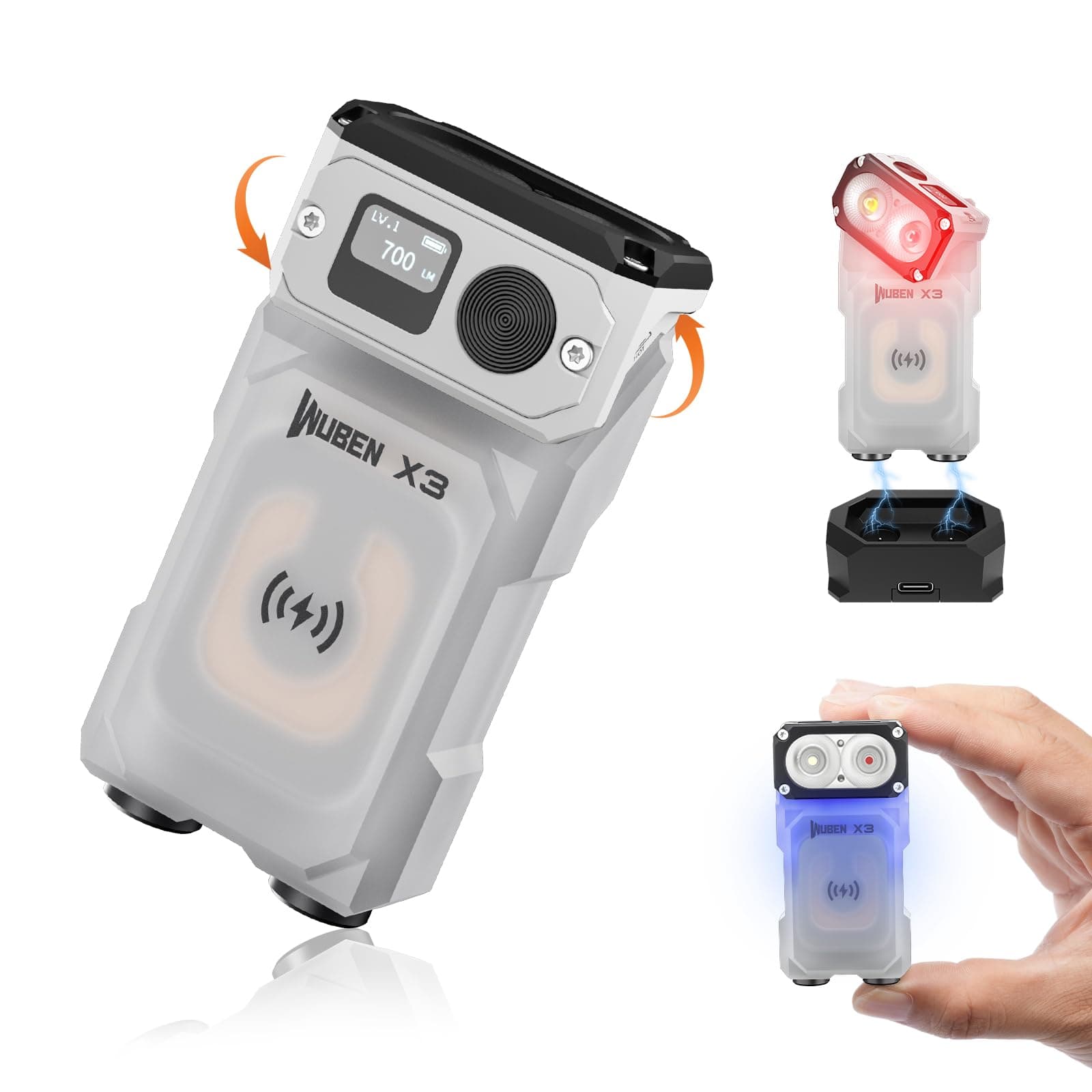 X3 Mini Rechargeable Flashlight with Charging Base 180 Degree EDC Keychain Flashlight Twist Ip65 Waterproof Magnet Pocket Flashlight 10 Mode Type-C Lanyard for Camping, Outdoor,Inspection, Gift