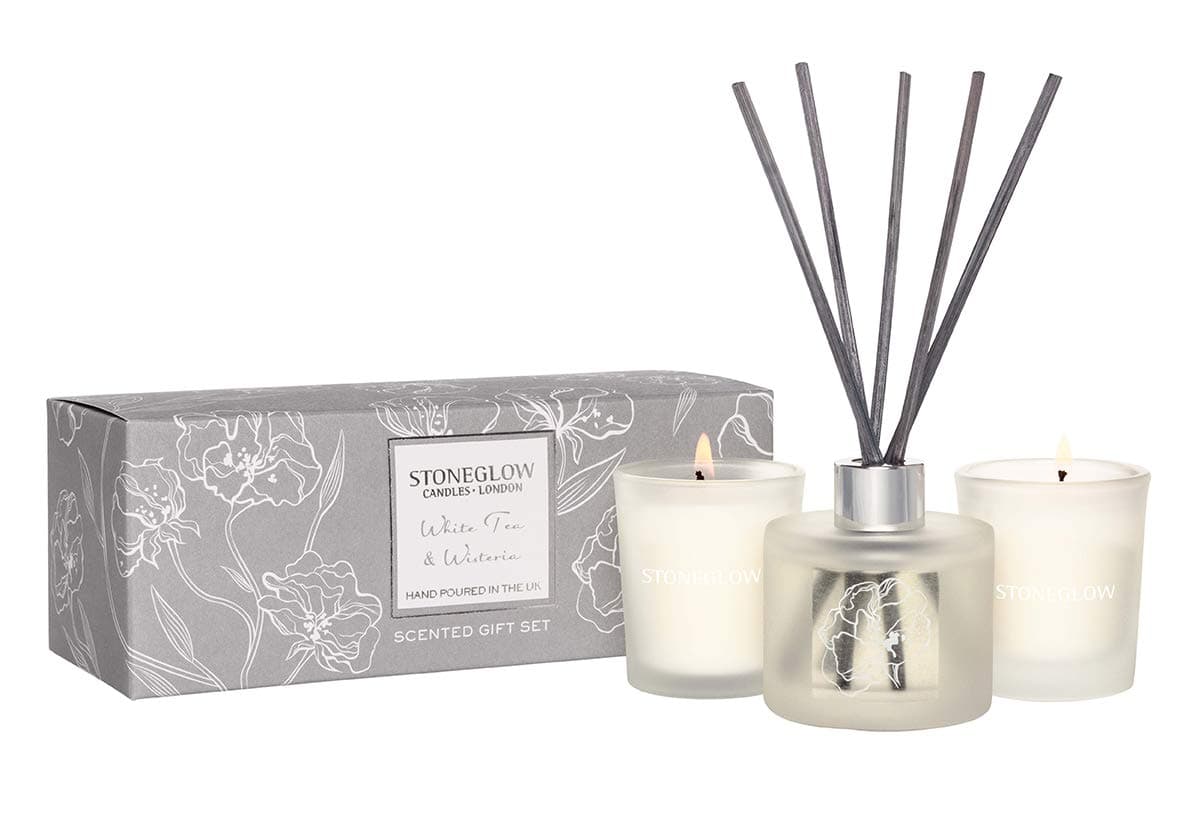 Stoneglow Day Flower Reed Diffuser and Candle Gift Set - Various Scents (White Tea & Wisteria)