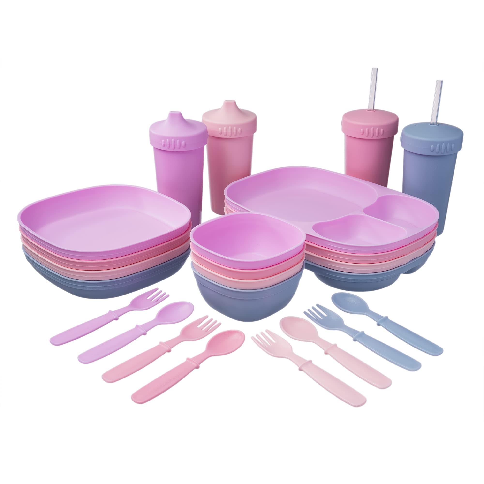 Kid’s Dinnerware Set - 28 Pieces, 4 Place Settings - Blossom Color Set - Tough Tableware for Toddlers - Made in the USA - Dishwasher and Microwave Safe - BPA Free and Shatter Resistant