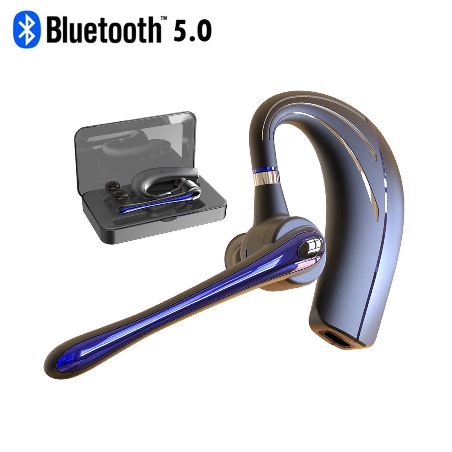 Bluetooth Headset HONSHOOP Bluetooth 5.0 Noise Reduction Bluetooth Earpiece in Ear Wireless Headphones Mic Earphones Business/Workout/Driving Black Blue Pro