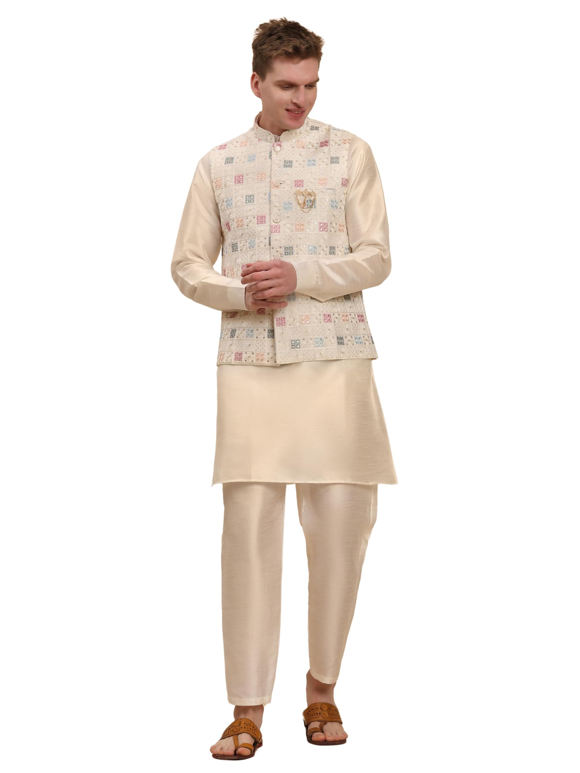 Pro-Ethic Style Developer Mens Indian Traditional Silk Kurta Set With Jacket For Men Floral Design (C-112)