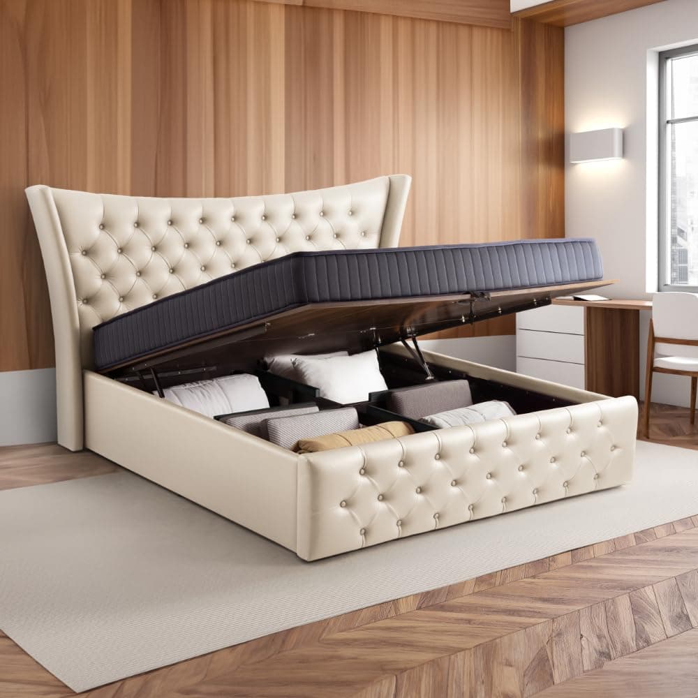 Wakefit Bed | King (78 X 72) Solid Wood Bed, Upholstered, Hydraulic, 3 Year Warranty | - Lovejoy - Beige