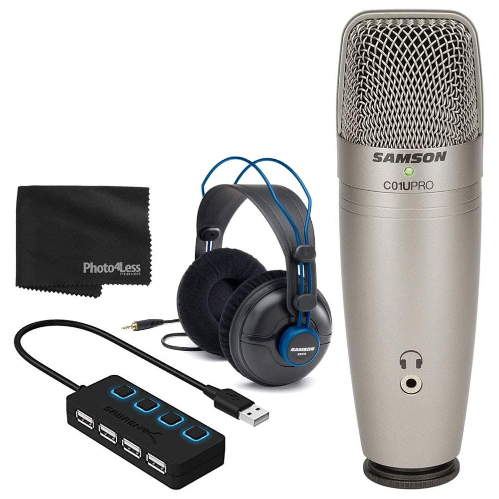 SAMSONC01U PRO USB Studio Condenser Microphone + Professional Studio Headphones + 4 Port USB 2.0 Hub with Individual LED Lit Power Switches - Great Microphone Bundle