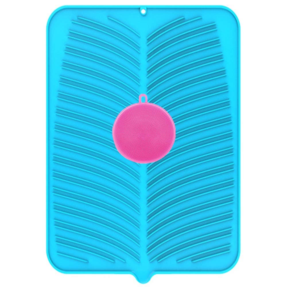 Silicone Dish Drying Mat, Drip Tray, Rubber Draining Board Mat Extra Large Folding Mats with Scrubber, Multi-Functional Kitchen Heat Insulation Trivet Non-Slip & Dishwasher Safe, Blue (14" X 16")