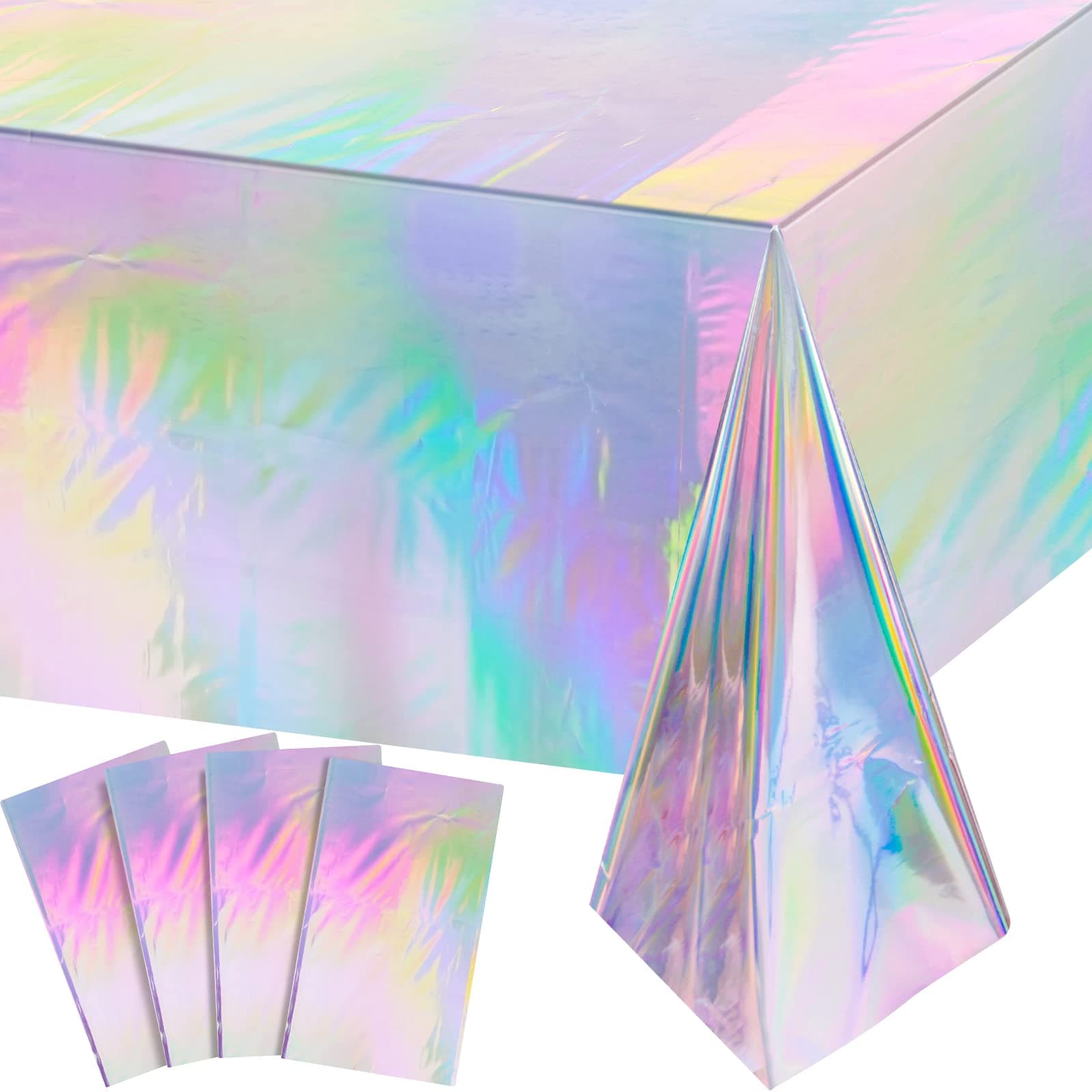 FunnyPars 4 Pack Iridescent Plastic Tablecloths, Shiny Disposable Laser Rectangle Table Covers, Holographic Foil Tablecloth Iridescent Birthday Party Supplies Decorations