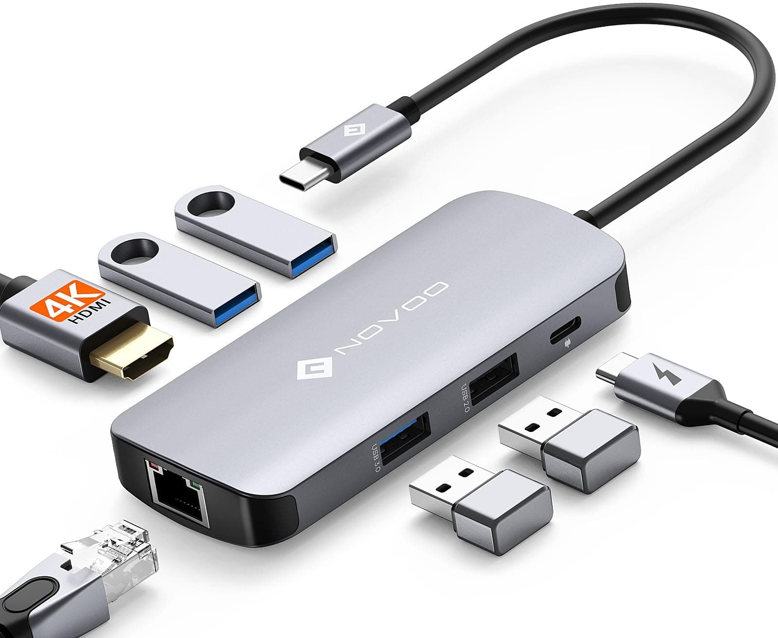NOVOO USB C Hub Multiport Adapter USB C to USB x 4, 100W PD Charging, 4K HDMI, RJ45 Ethernet, 7 in 1 USB C Adapter Compatible with MacBook Pro MacBook Air