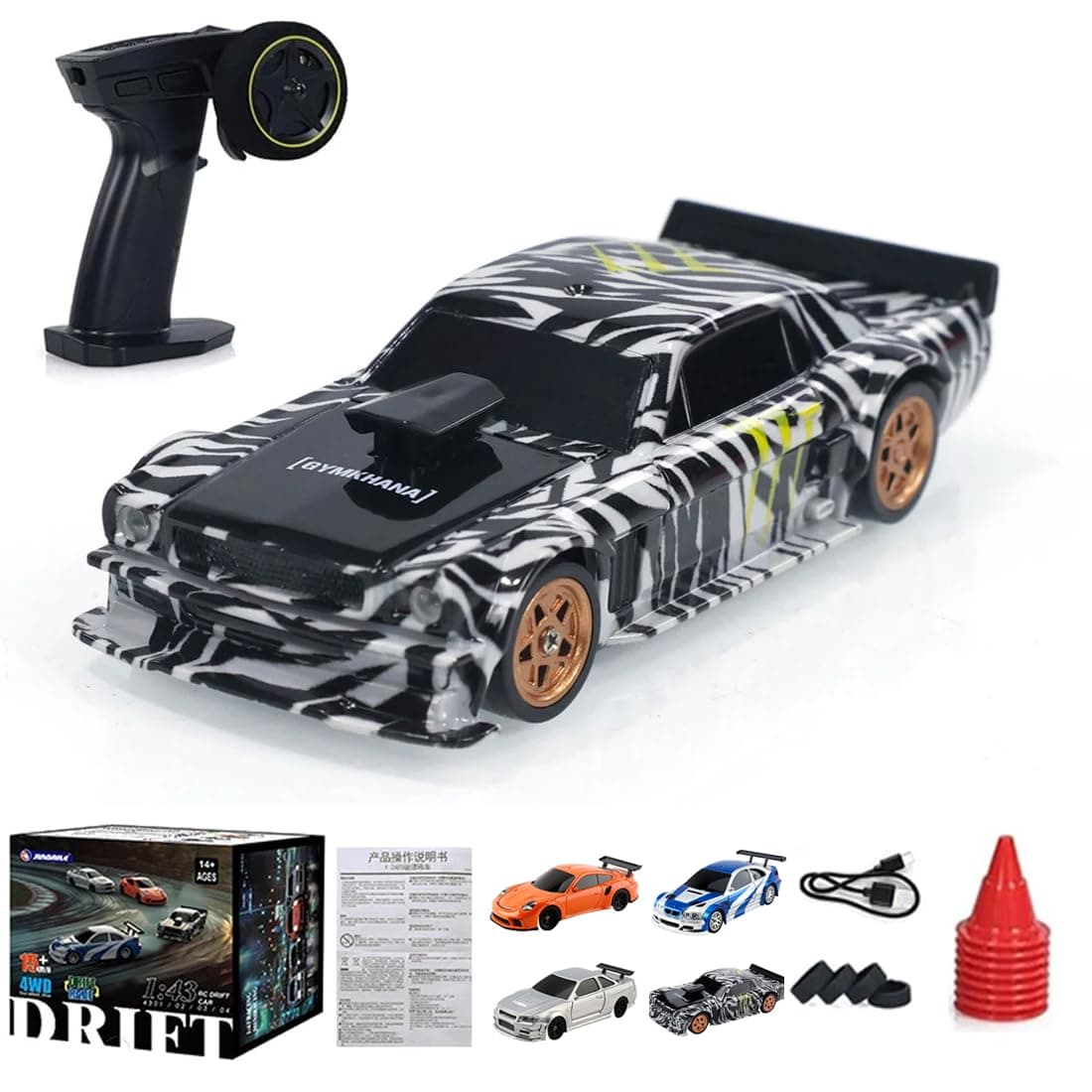 1/43 Scale RC Mini Drift Car with Lights Kit, 2.4G Electric 4WD RC Racing Vehicle Remote Control High-Speed Car for Boys Adults - RTR Version