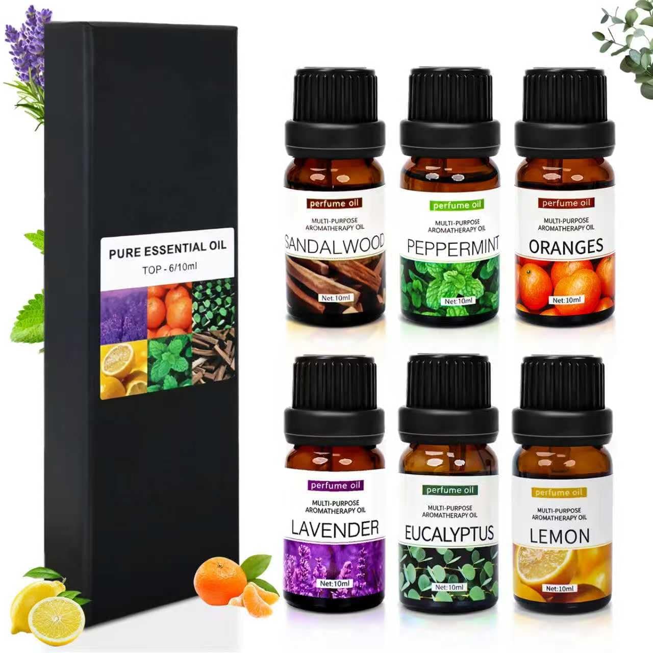 SKY-TOUCH Essential Oils Set, Premium Pure Oil for Diffusers, 100% Therapeutic Grade Aromatherapy Oils, Sandalwood, Sweet Orange, Lavender, Eucalyptus, Lemon, Mint - Bottles*10mL x 6
