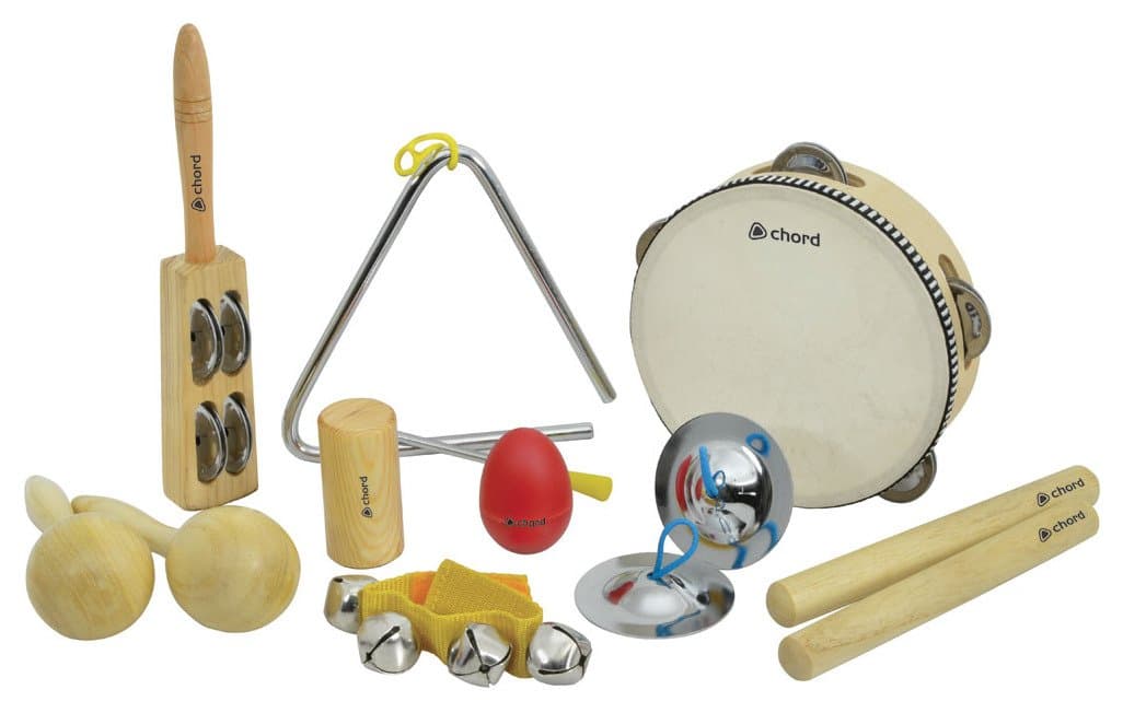 CPS09 9 Piece Hand Percussion Set with Bag - Includes Tambourine, Maracas, Shakers, Claves, Jingle Band, Jingle Stick, Finger Cymbals, and Triangle