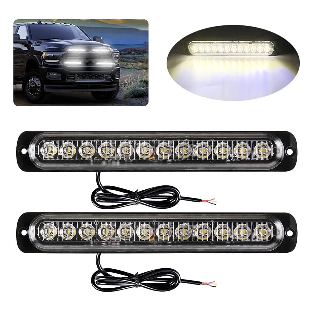 Yifengshun 2pcs 12-LED White Emergency Strobe Light Bar,Surface Mount Warning Hazard Flashing Strobe Lights for Construction Vehicle Car Truck Trailer Caravan 12-24V