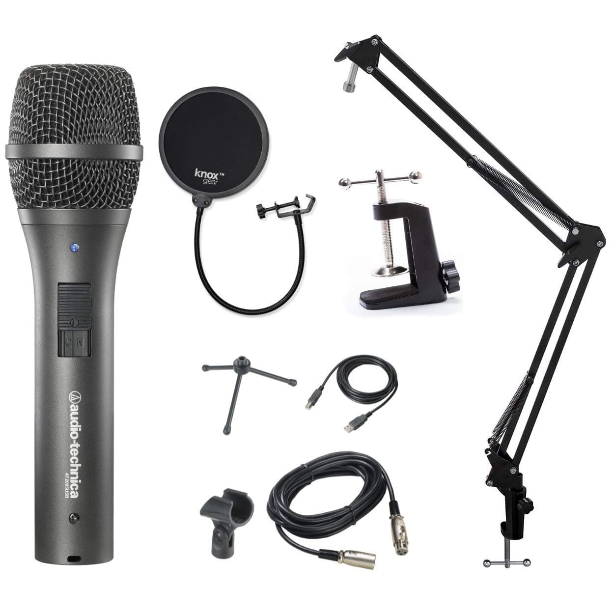 Audio-Technica AT2005USB Dynamic Handheld USB/XLR Microphone with Knox Gear Pop Filter, Boom Scissor Arm and Shock Mount