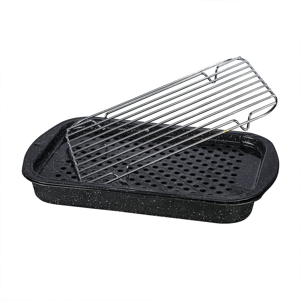 Granite Ware 3 piece multiuse set. Enameled steel bake, broiler pan, and grill with rack. Versatile for oven and direct fire cooking. Resists up to 932°F.