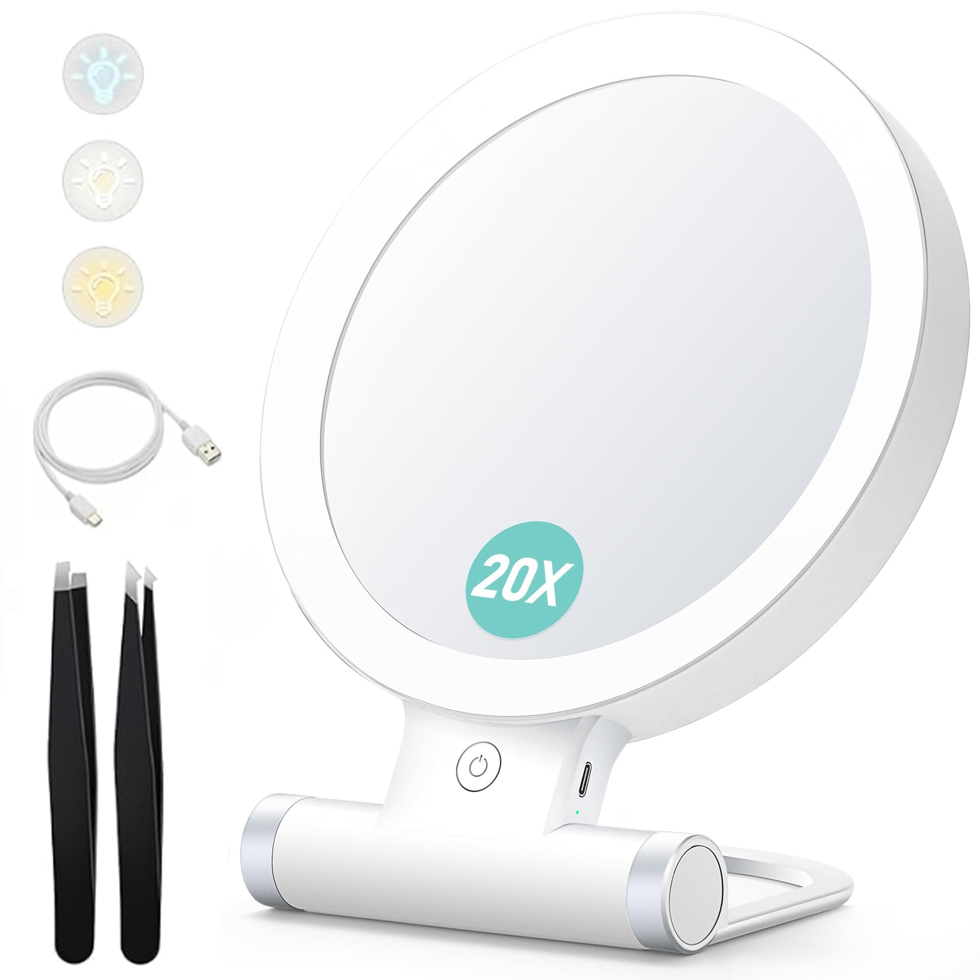 Magnifying Mirror with Light,20X/1X Double Sided Tabletop Portable Lighted Makeup Beauty Mirror, 3 Color Lighting, Dimmable Touch Screen,Cosmetic Mirror with Lights for Makeup/Travel