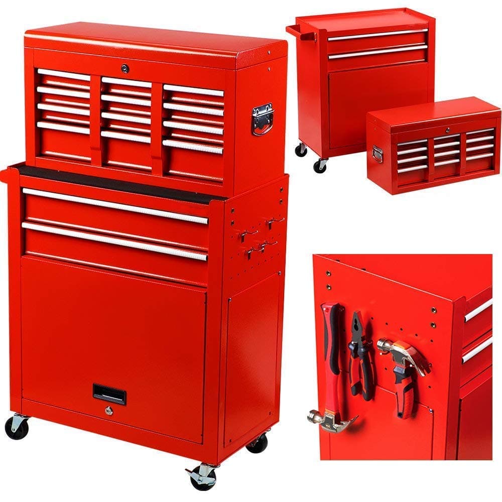 Hephaestus Portable Top Chest Tool Storage Box 2 in 1 Rolling Tool Chest Removable Tool Storage 7-Drawer Cabinet Keyed Locking With Wheels Red