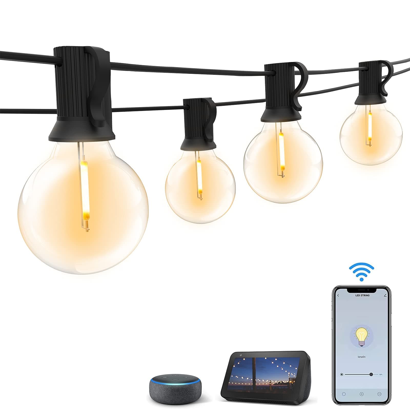 Outdoor String Lights 50Ft, Smart LED Garden String Lights Works with Alexa Google Home 2.4GHz Wi-Fi Bluetooth & App Control Festoon Lights with 25+1 Shatterproof Plastic Bulbs for Indoor Outdoor