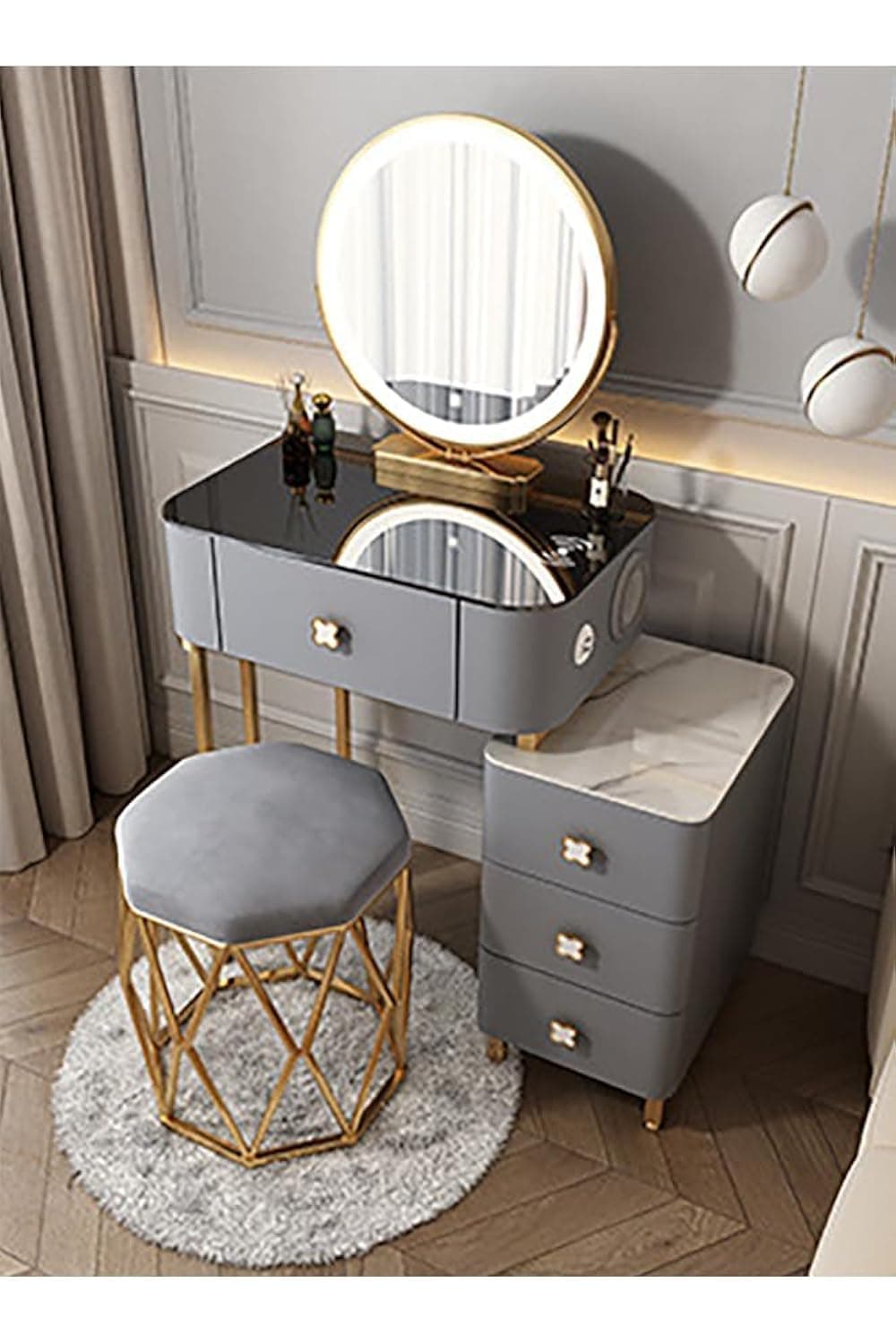 NKX Makeup Dressing Table LED Mirror With Wireless Charging Pad And Storage Cabinet