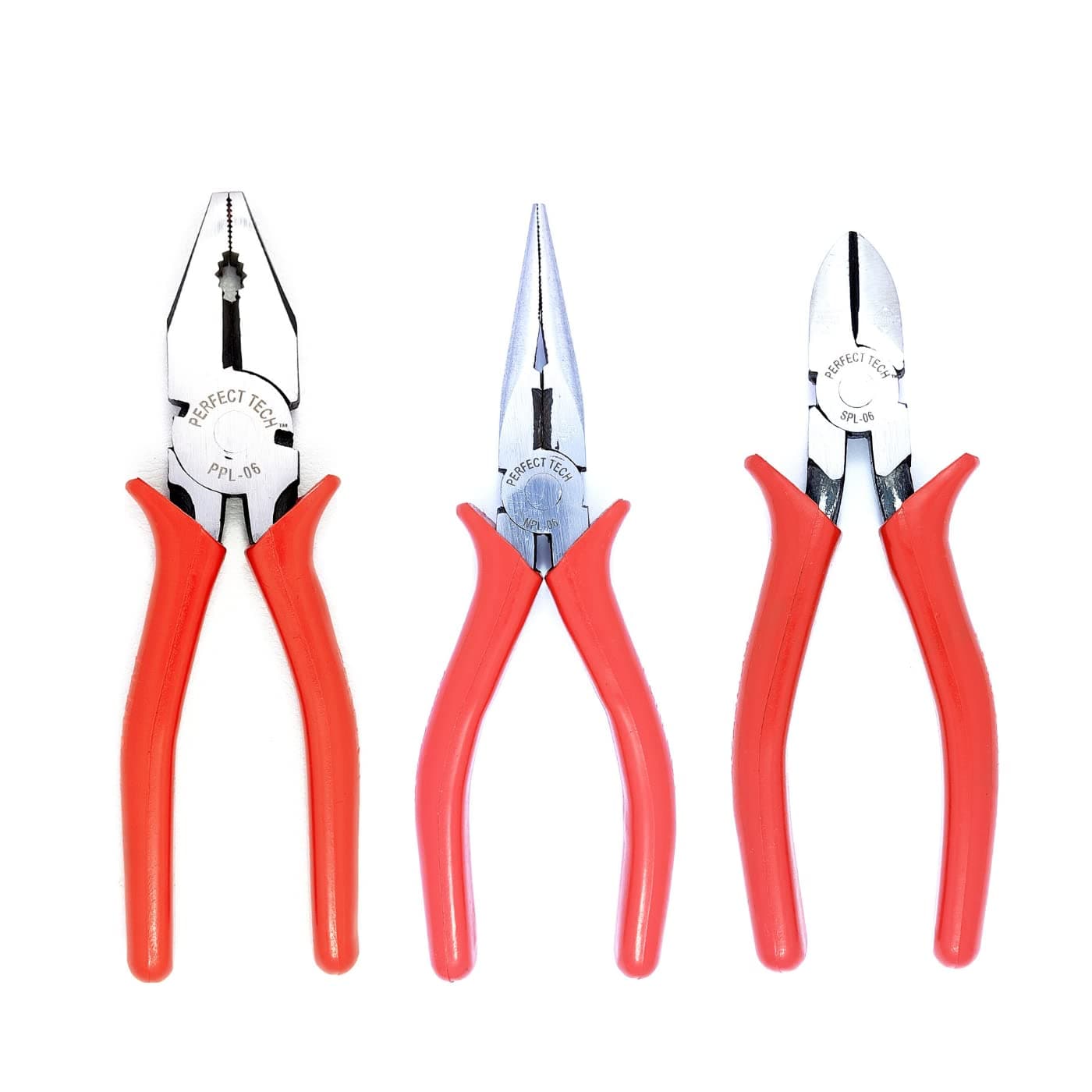 PERFECT TECH 3 Pcs Set Combination Plier 8 inch | 6 Inch Long Nose Plier | 6 Inch Side Cutter | Tool Kit Set | Cutting Player (Black Phosphate Finish & Red Sleeves) (Heavy Duty)