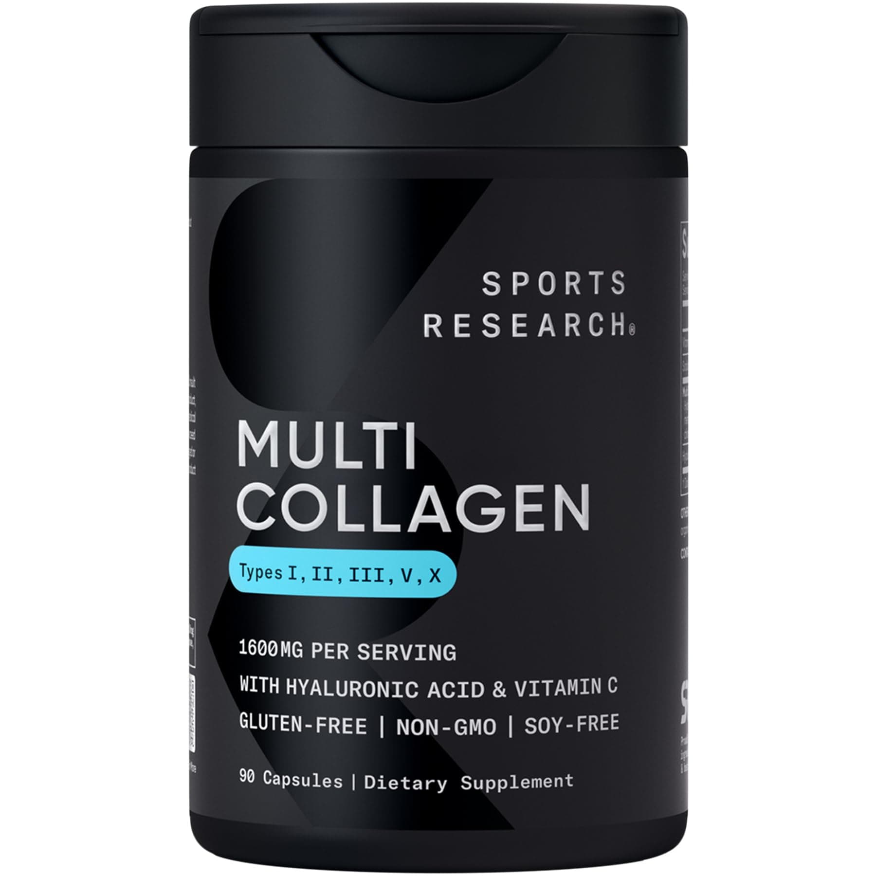 Sports Research Multi Collagen Complex 1600 mg Per Serving Peptides with Hyaluronic Acid + Vitamin C (Type I, II, III, V, X)- 90 Capsules