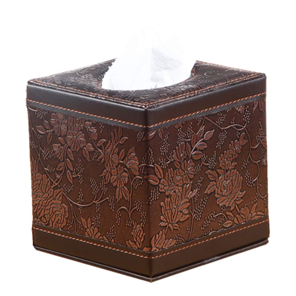 PU Leather Square Cube Tissue Box Cover Roll Paper Holder for Home Office Car (Classic Carve)