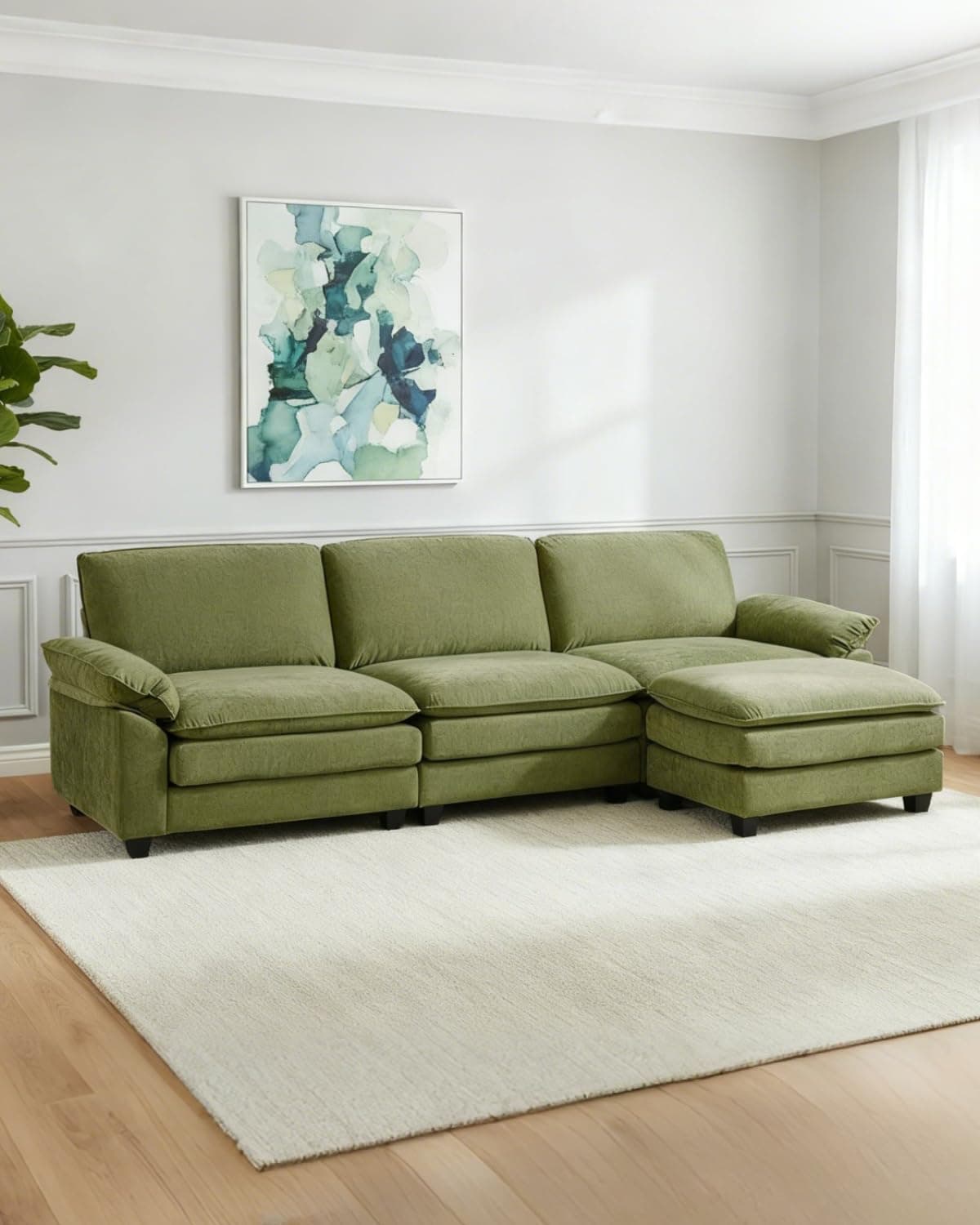 - Karl home Sectional Sofa Modular Deep Seat Sofa Couch with Ottoman, Chenille Sofa Sleeper Comfy Upholstered Furniture for Living Room, Apartment, Studio, Office, (3-Seat & 1-Ottoman, Green)
