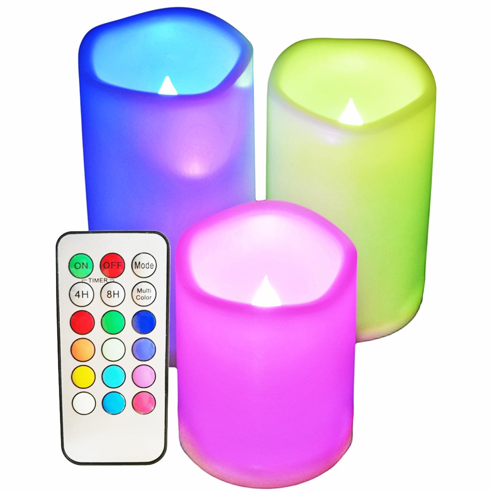 SWEETIME3 Color Changing Led Pillar Candles with Controller and Timer - 3x4 3x5 3x6 Multi Colored Flickering Outdoor Waterproof Flameless Candles Battery Operated,Weatherproof Candles.
