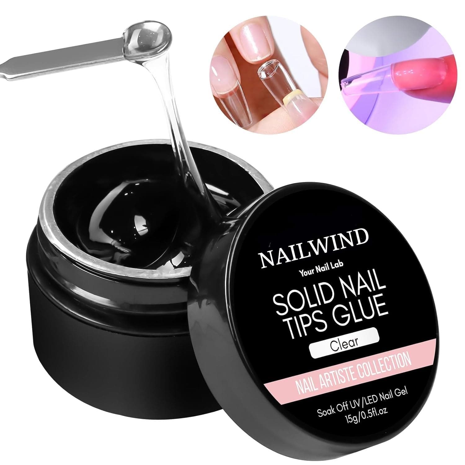 NAILWIND Solid Gel Nail Glue for Nail Tips Clear,Strong Adhesive Rhinestone Gel Nail Glue for Acrylic Nails Tips, Press on Solid Glue Gel, Nail Art Manicure Glue Gel, Need UV/LED Lamp Clear, 15 ml
